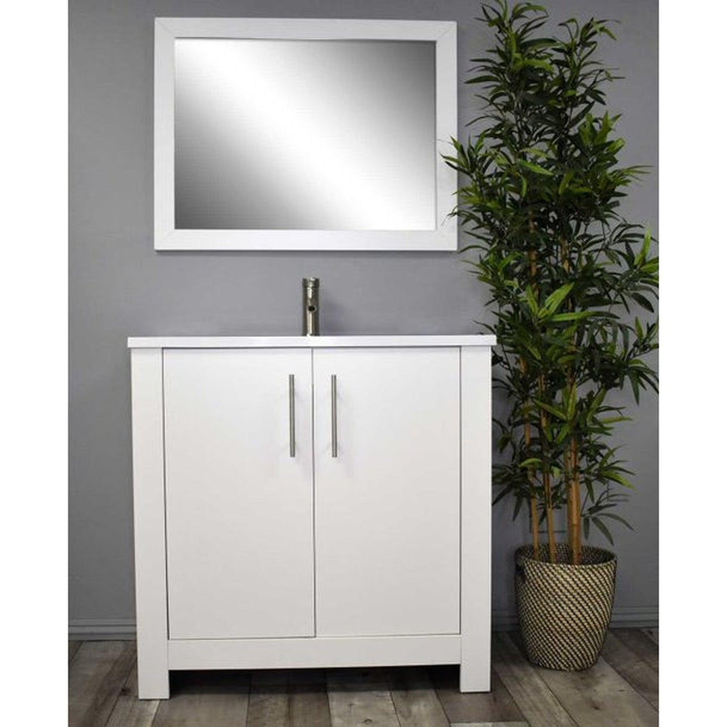 Volpa USA Austin 36" x 20" White Modern Freestanding Bathroom Vanity With Acrylic Top, Integrated Acrylic Sink And Brushed Nickel Handles