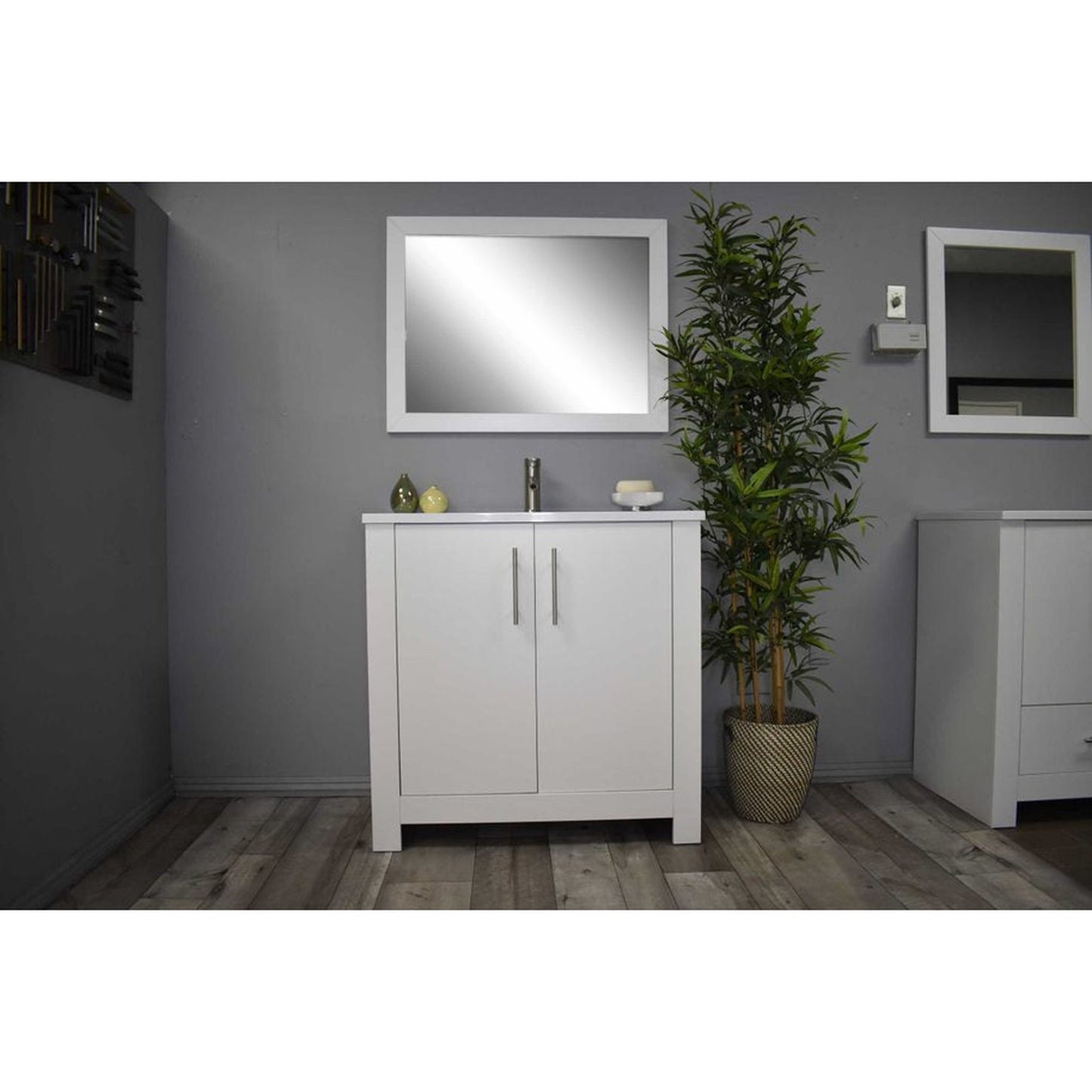 Volpa USA Austin 36" x 20" White Modern Freestanding Bathroom Vanity With Acrylic Top, Integrated Acrylic Sink And Brushed Nickel Handles