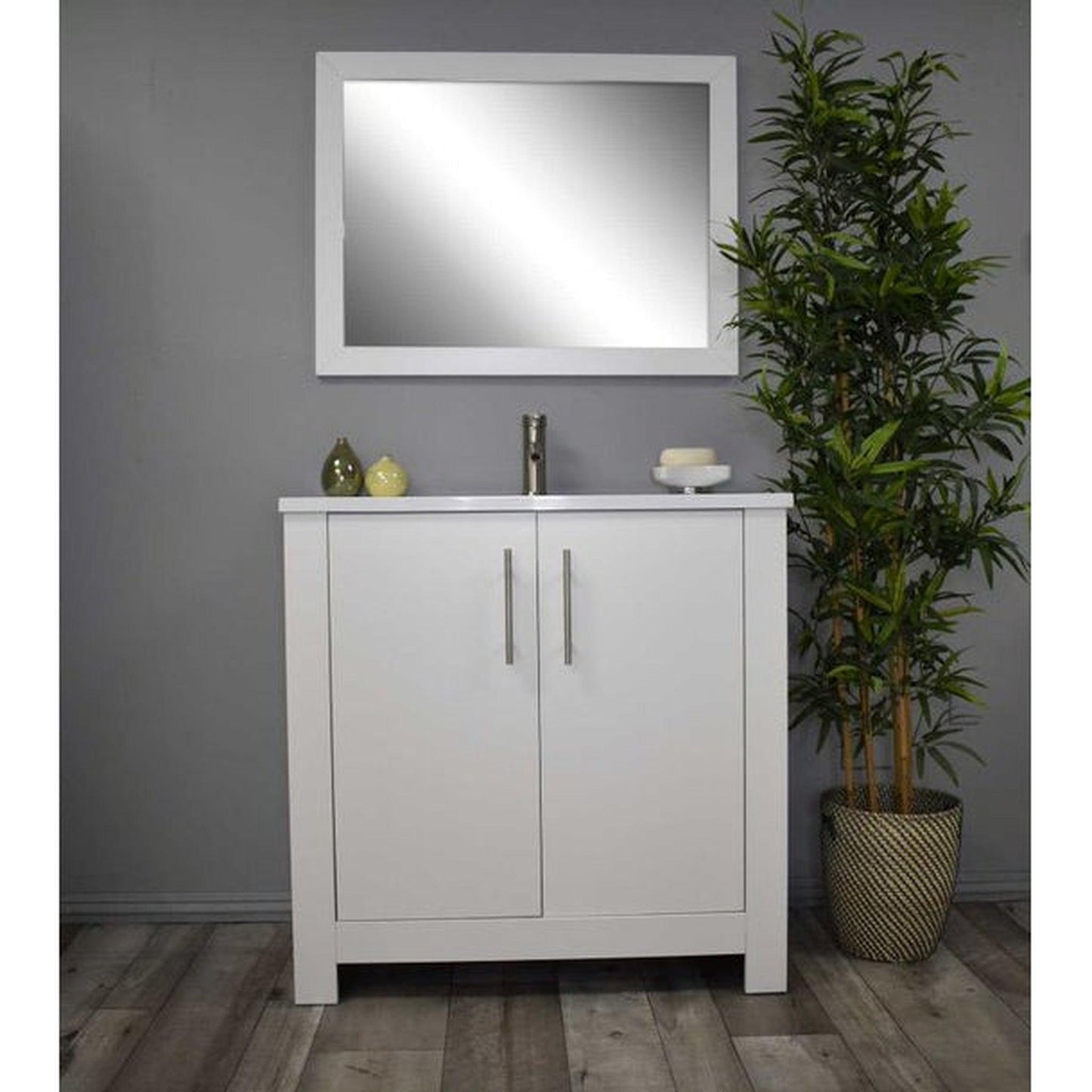 Volpa USA Austin 36" x 20" White Modern Freestanding Bathroom Vanity With Acrylic Top, Integrated Acrylic Sink And Brushed Nickel Handles