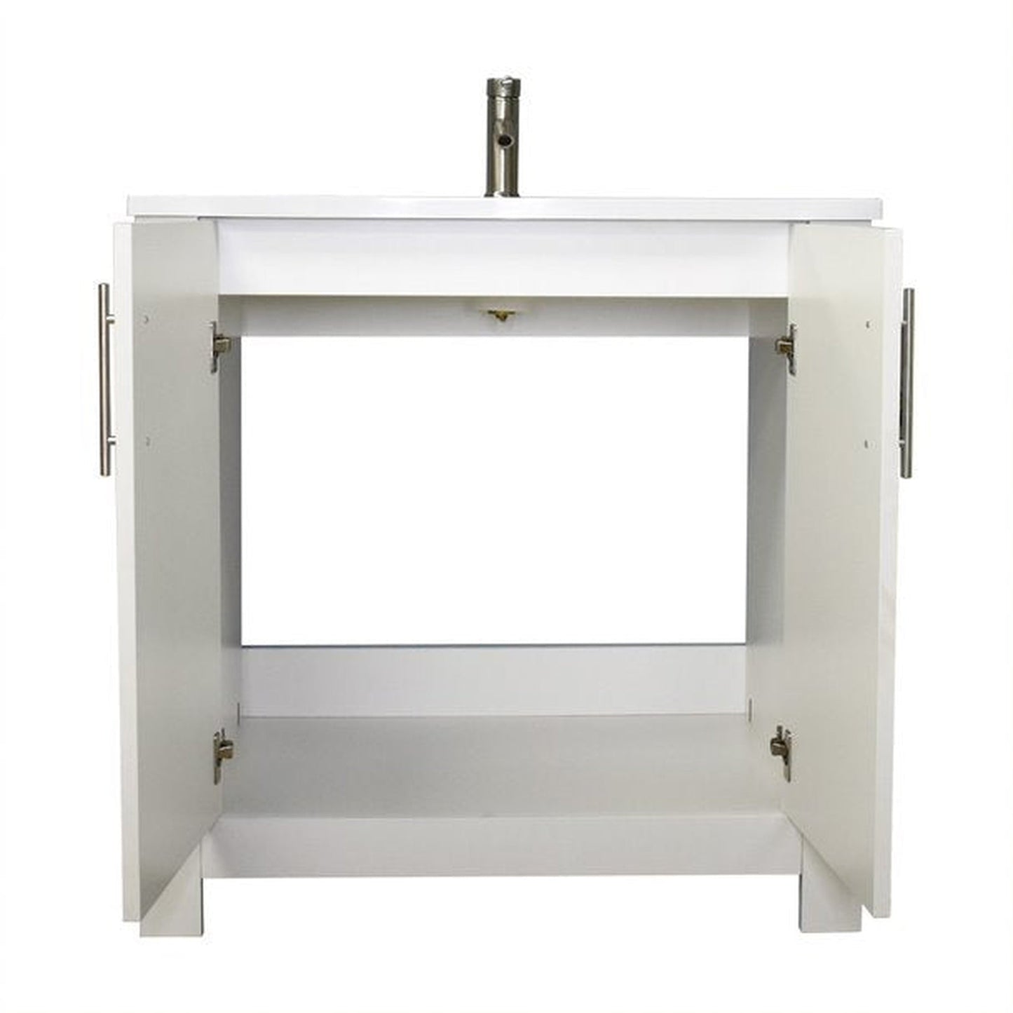 Volpa USA Austin 36" x 20" White Modern Freestanding Bathroom Vanity With Acrylic Top, Integrated Acrylic Sink And Brushed Nickel Handles
