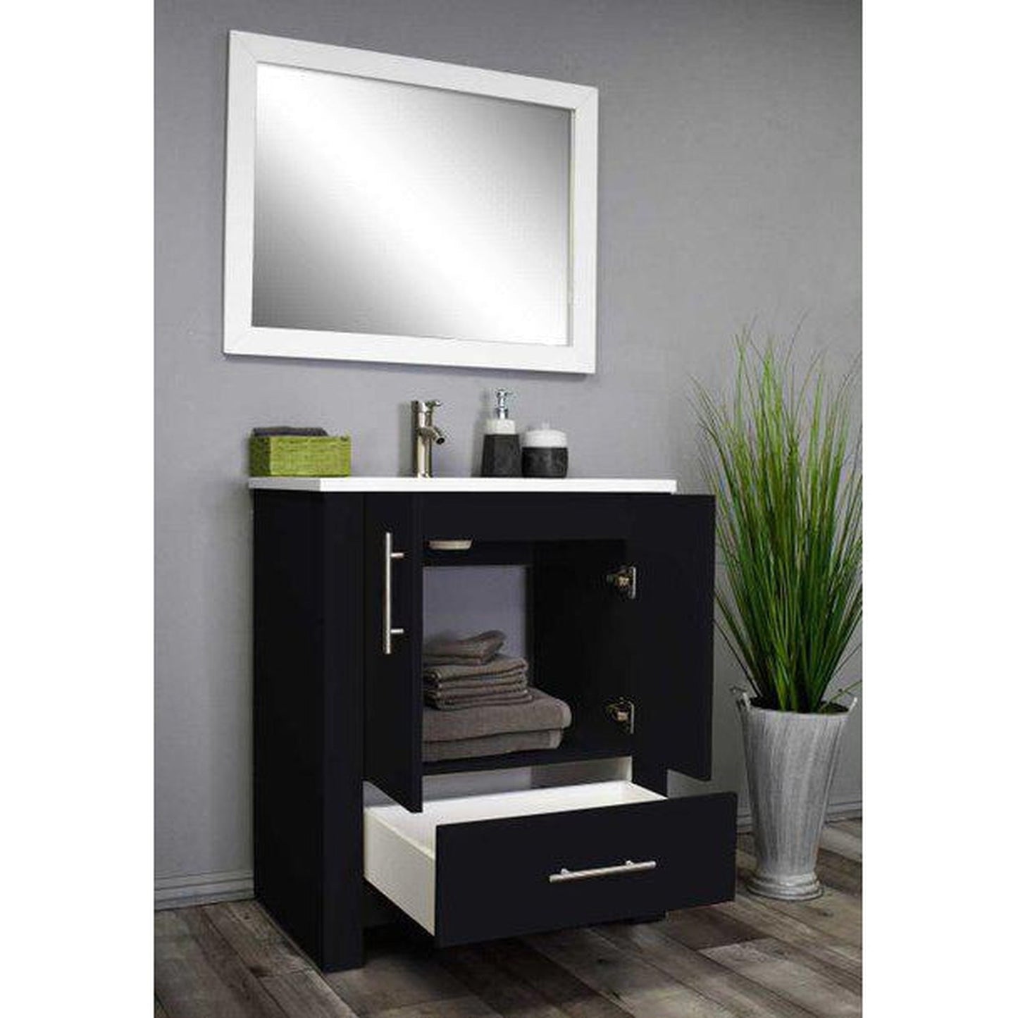 Volpa USA Boston 24" x 20" Black Modern Freestanding Bathroom Vanity With Acrylic Top, Integrated Acrylic Sink And Brushed Nickel Handles