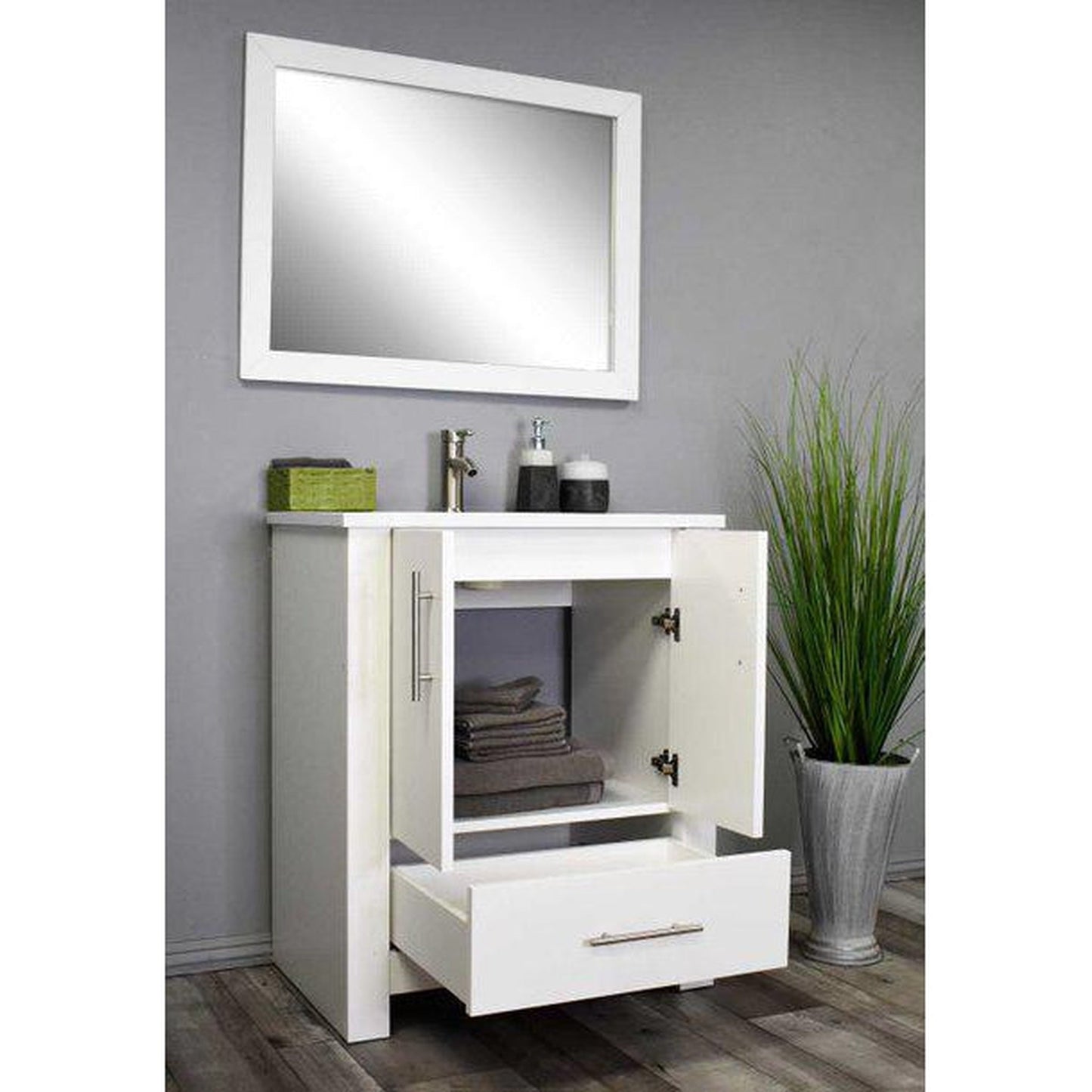 Volpa USA Boston 24" x 20" Glossy White Modern Freestanding Bathroom Vanity With Acrylic Top, Integrated Acrylic Sink And Brushed Nickel Handles