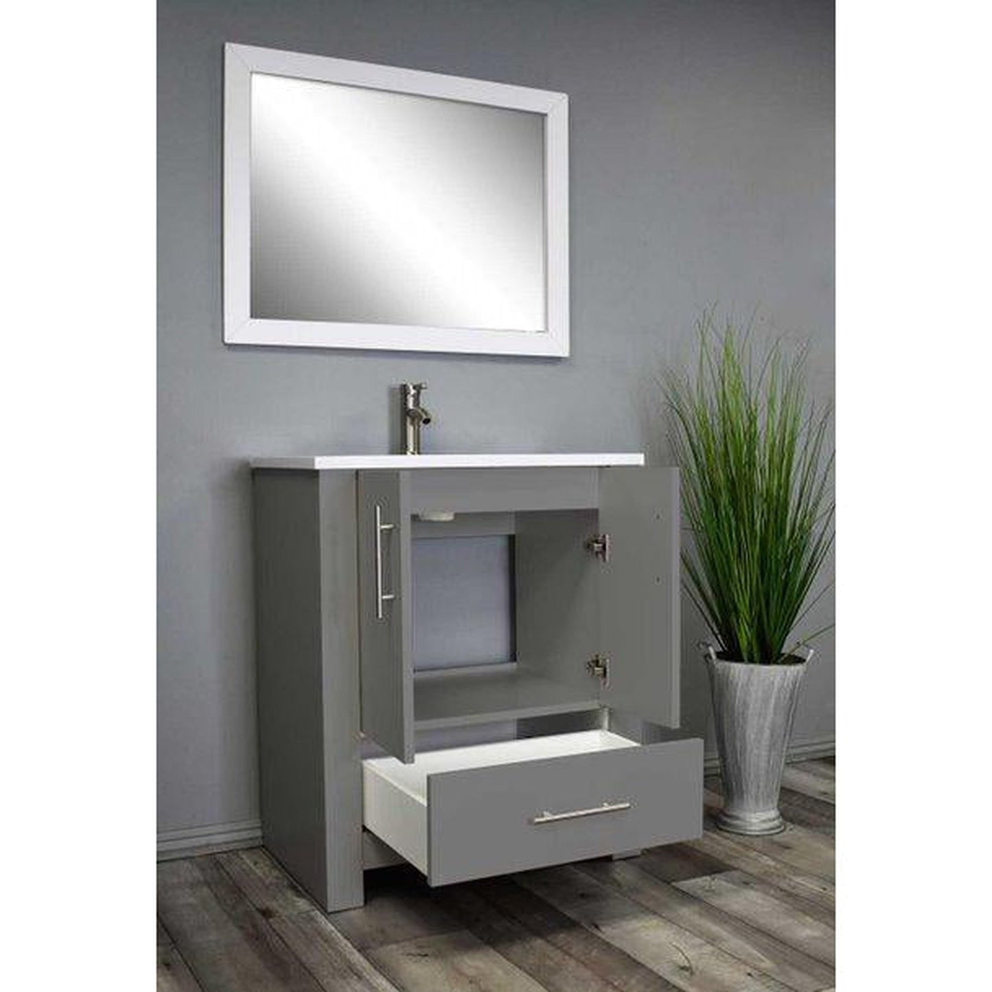 Volpa USA Boston 24" x 20" Gray Modern Freestanding Bathroom Vanity With Acrylic Top, Integrated Acrylic Sink And Brushed Nickel Handles