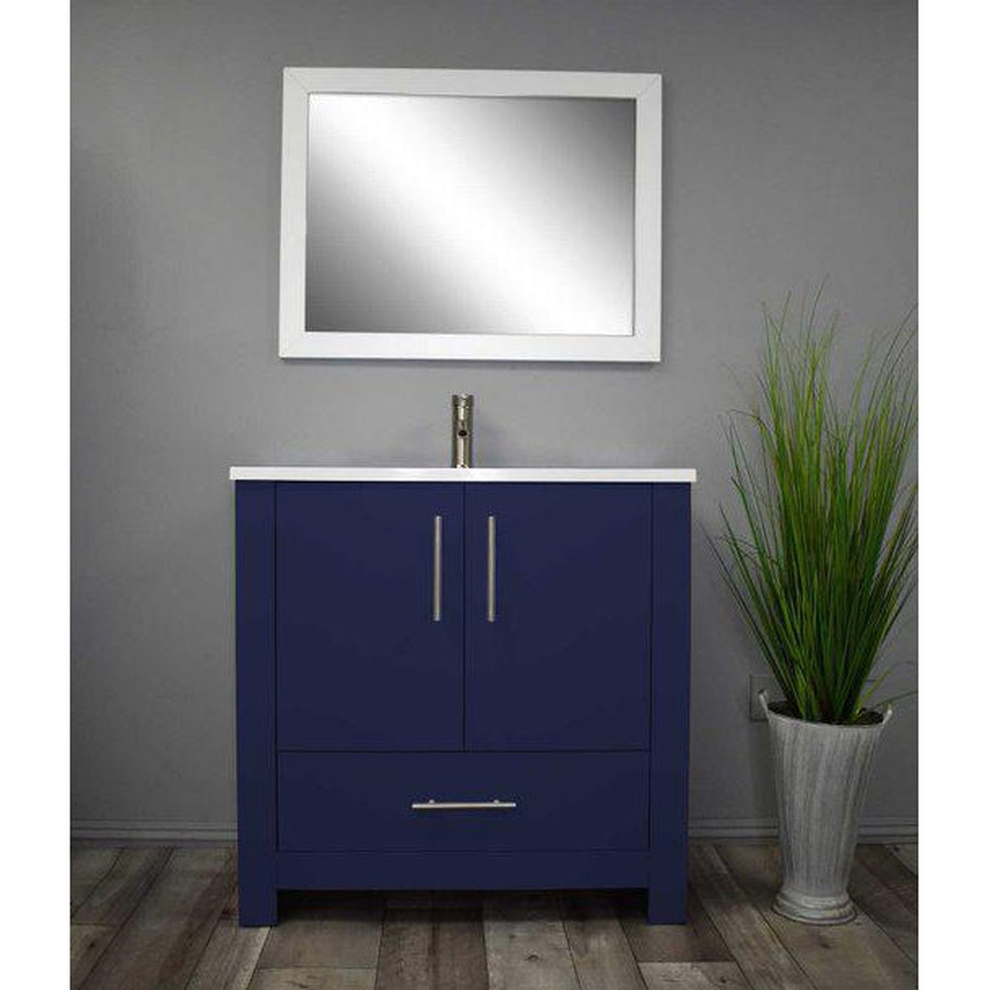 Volpa USA Boston 36" x 20" Navy Modern Freestanding Bathroom Vanity With Acrylic Top, Integrated Acrylic Sink And Brushed Nickel Handles