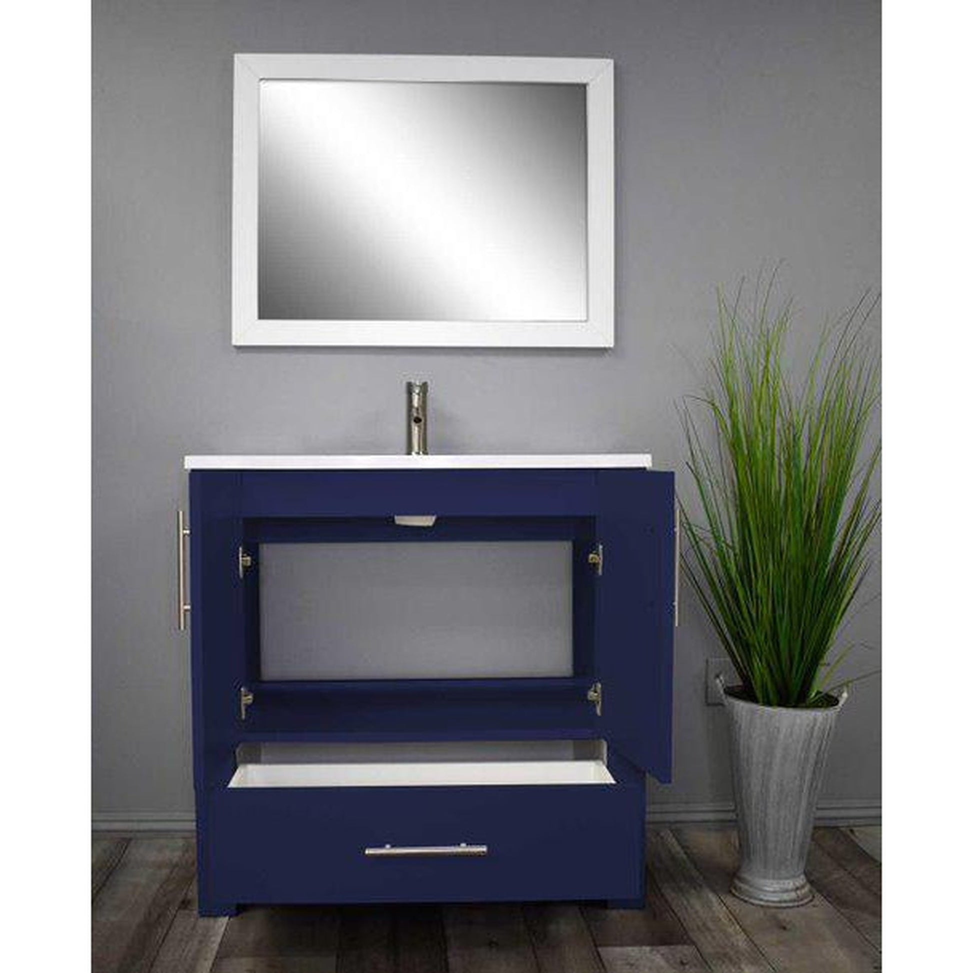 Volpa USA Boston 36" x 20" Navy Modern Freestanding Bathroom Vanity With Acrylic Top, Integrated Acrylic Sink And Brushed Nickel Handles