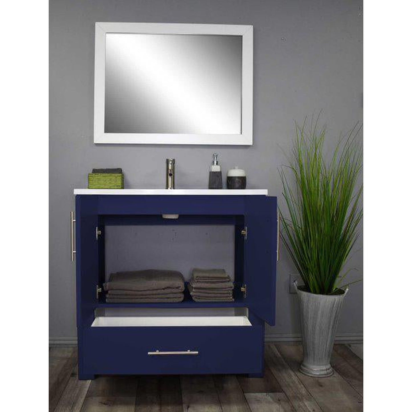 Volpa USA Boston 36" x 20" Navy Modern Freestanding Bathroom Vanity With Acrylic Top, Integrated Acrylic Sink And Brushed Nickel Handles