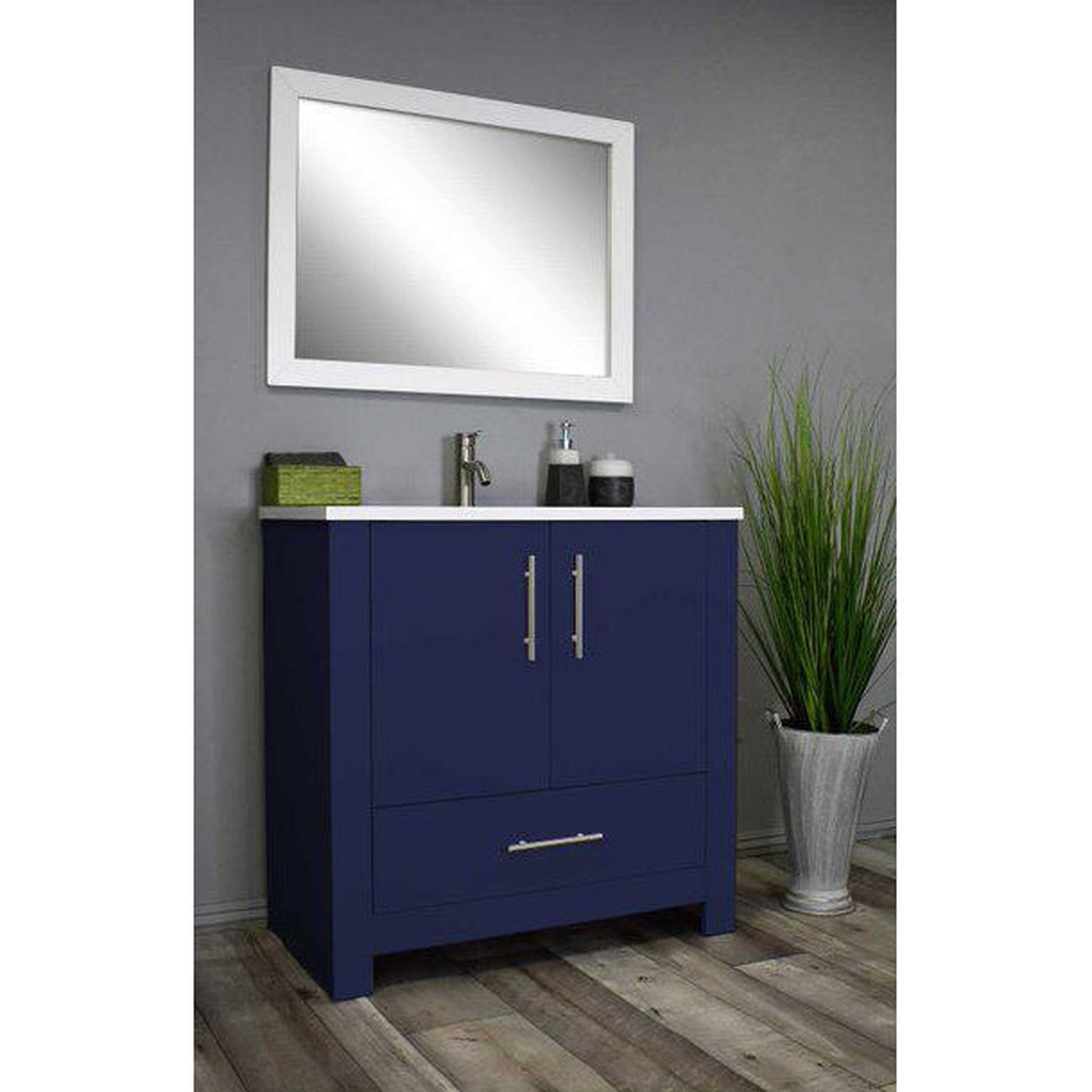 Volpa USA Boston 36" x 20" Navy Modern Freestanding Bathroom Vanity With Acrylic Top, Integrated Acrylic Sink And Brushed Nickel Handles