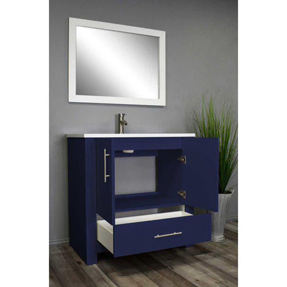 Volpa USA Boston 36" x 20" Navy Modern Freestanding Bathroom Vanity With Acrylic Top, Integrated Acrylic Sink And Brushed Nickel Handles