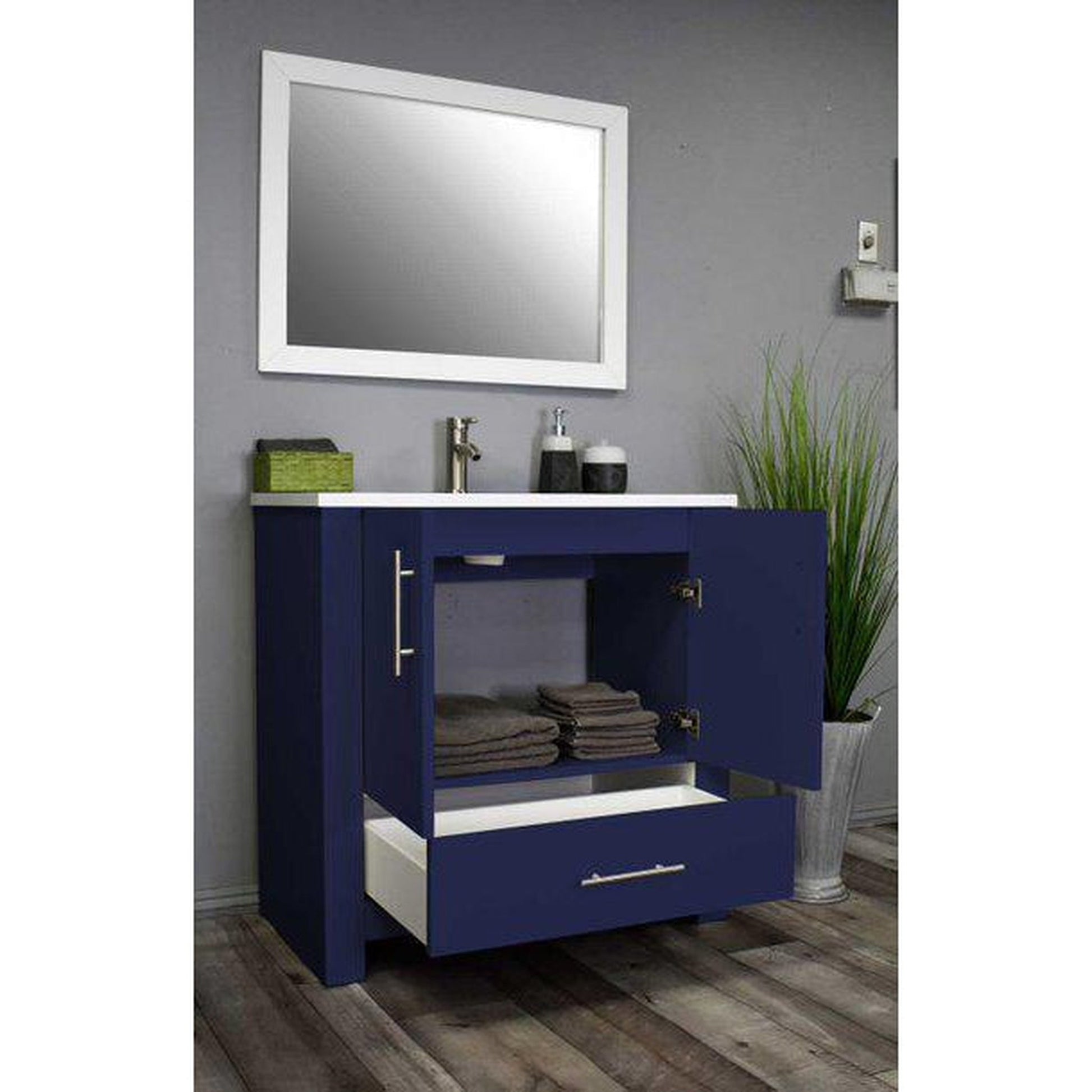 Volpa USA Boston 36" x 20" Navy Modern Freestanding Bathroom Vanity With Acrylic Top, Integrated Acrylic Sink And Brushed Nickel Handles