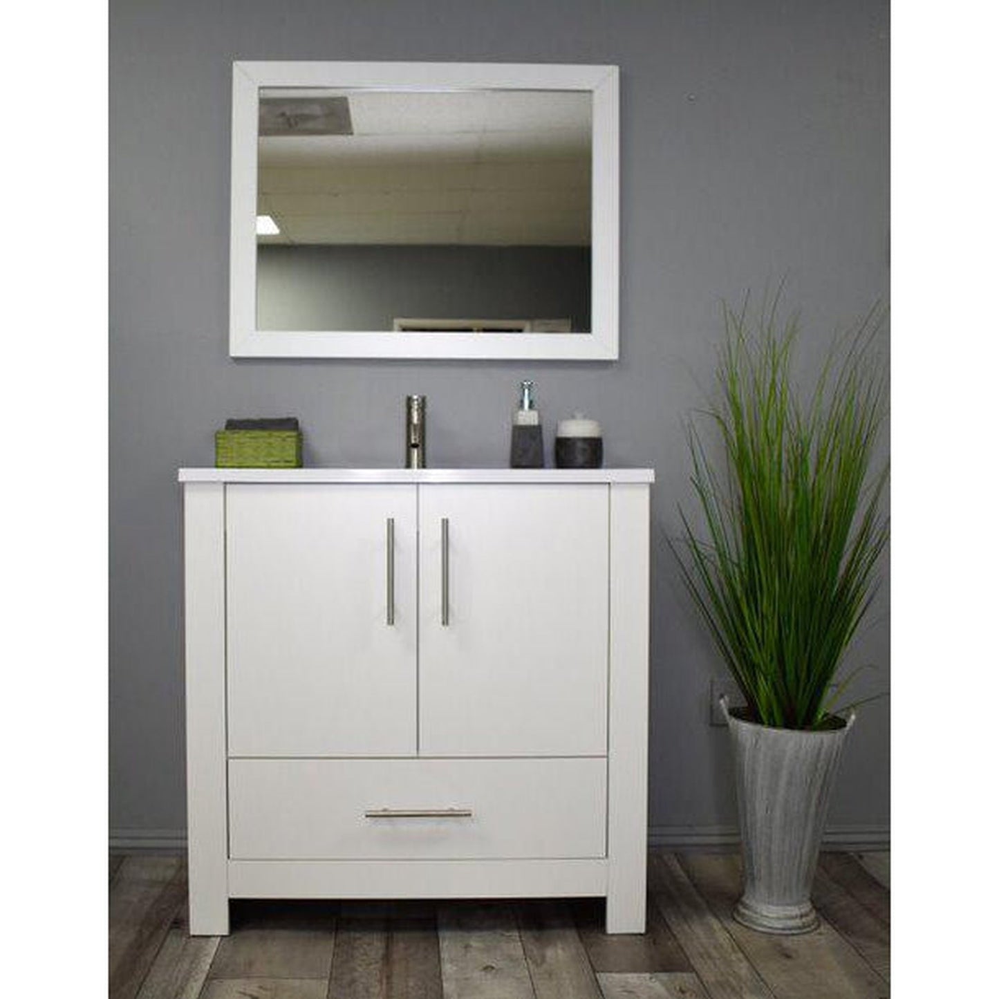 Volpa USA Boston 36" x 20" White Modern Freestanding Bathroom Vanity With Acrylic Top, Integrated Acrylic Sink And Brushed Nickel Handles