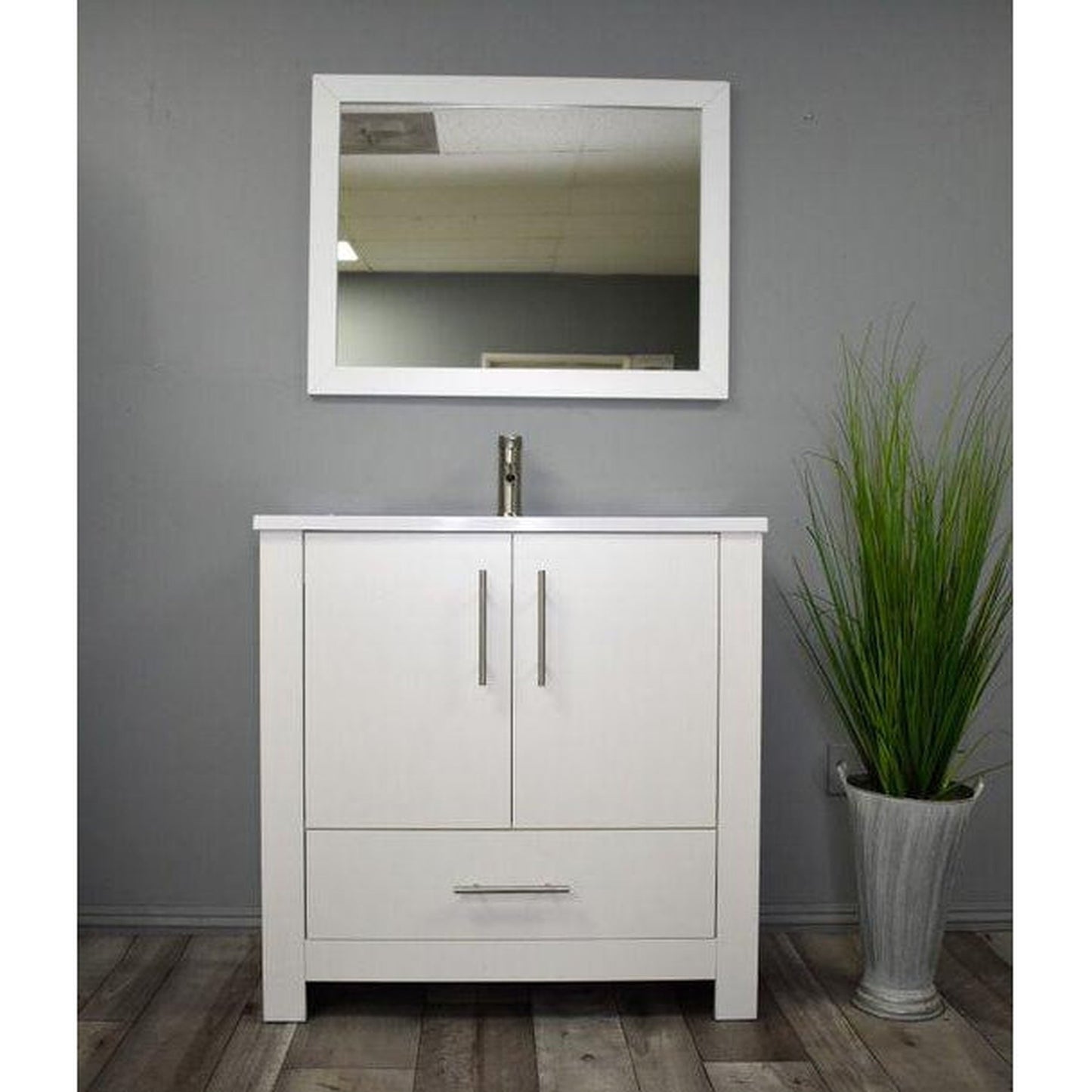 Volpa USA Boston 36" x 20" White Modern Freestanding Bathroom Vanity With Acrylic Top, Integrated Acrylic Sink And Brushed Nickel Handles