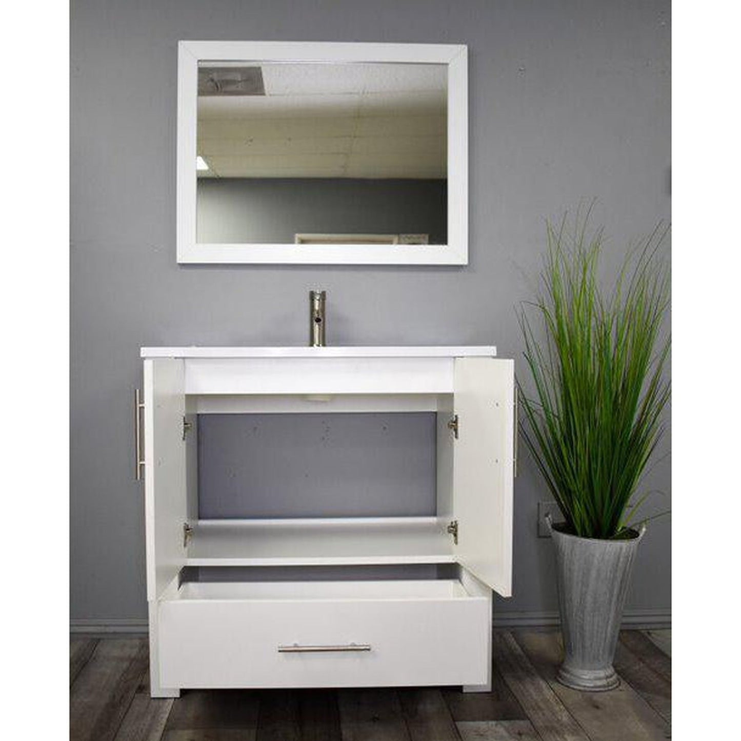 Volpa USA Boston 36" x 20" White Modern Freestanding Bathroom Vanity With Acrylic Top, Integrated Acrylic Sink And Brushed Nickel Handles