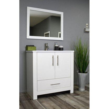 Volpa USA Boston 36" x 20" White Modern Freestanding Bathroom Vanity With Acrylic Top, Integrated Acrylic Sink And Brushed Nickel Handles