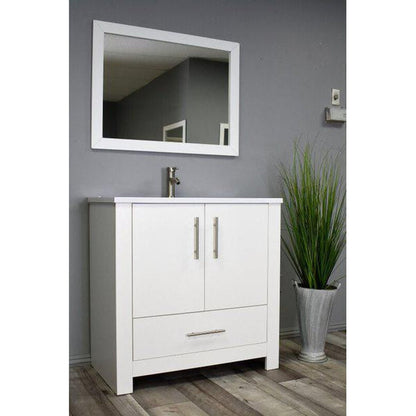 Volpa USA Boston 36" x 20" White Modern Freestanding Bathroom Vanity With Acrylic Top, Integrated Acrylic Sink And Brushed Nickel Handles