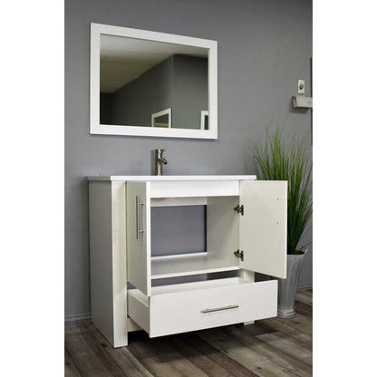 Volpa USA Boston 36" x 20" White Modern Freestanding Bathroom Vanity With Acrylic Top, Integrated Acrylic Sink And Brushed Nickel Handles