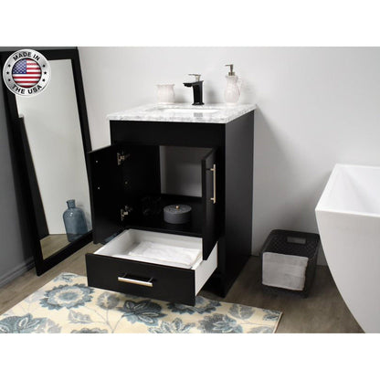 Volpa USA Capri 24" x 22" Black Freestanding Modern Bathroom Vanity With Preinstalled Undermount Sink And Carrara Marble top With Brushed Nickel Edge Handles