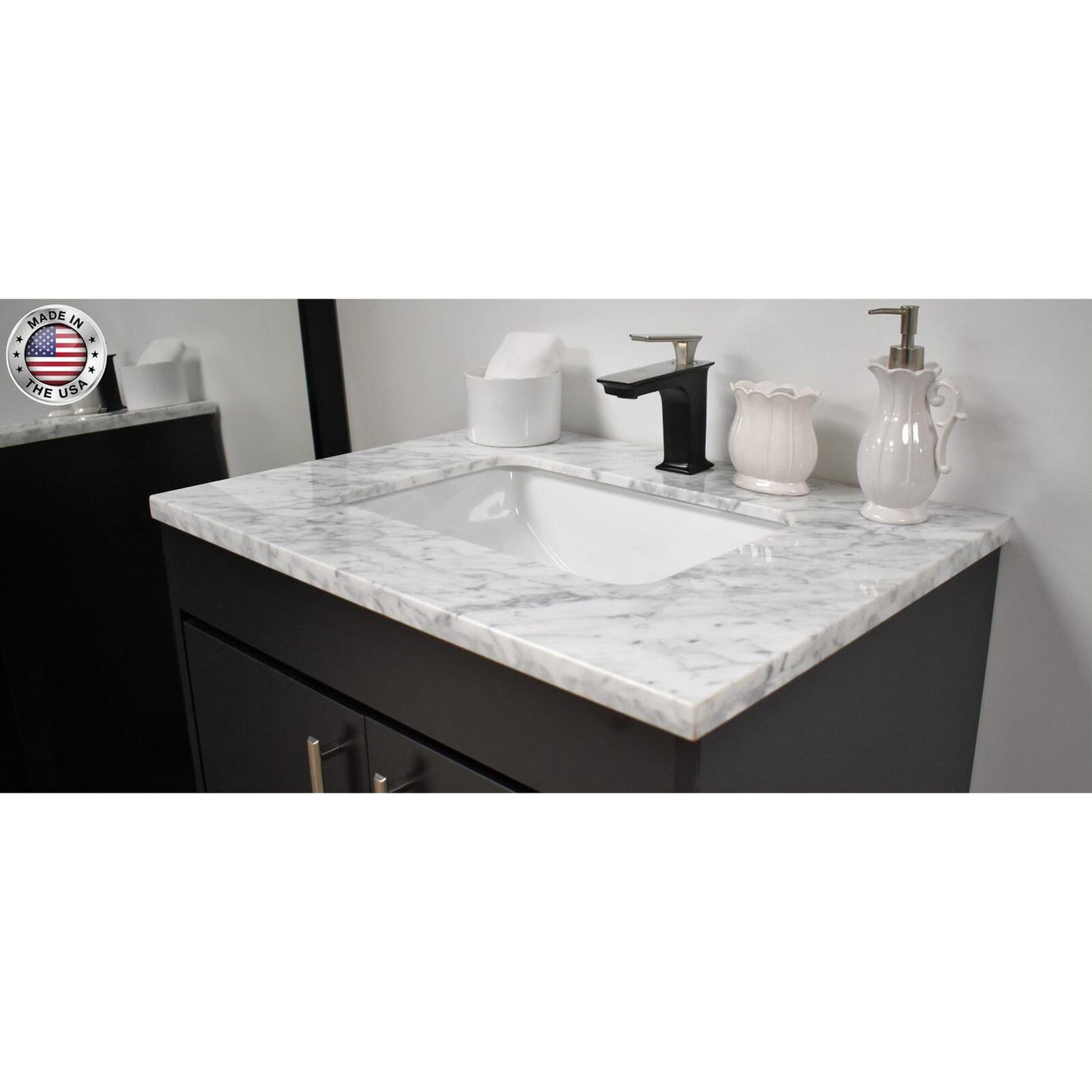 Volpa USA Capri 24" x 22" Black Freestanding Modern Bathroom Vanity With Preinstalled Undermount Sink And Carrara Marble top With Brushed Nickel Edge Handles