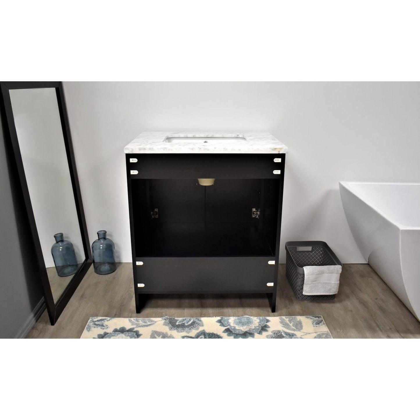 Volpa USA Capri 24" x 22" Black Freestanding Modern Bathroom Vanity With Preinstalled Undermount Sink And Carrara Marble top With Brushed Nickel Edge Handles