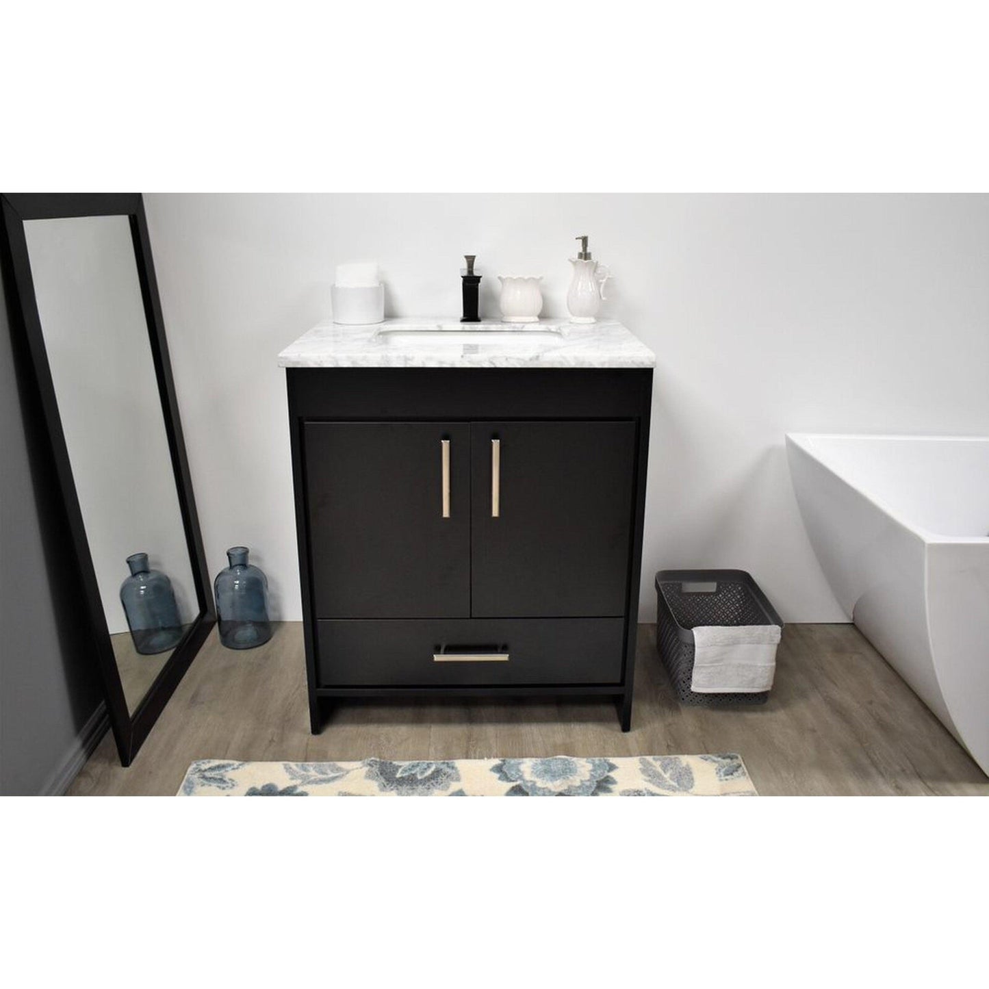 Volpa USA Capri 24" x 22" Black Freestanding Modern Bathroom Vanity With Preinstalled Undermount Sink And Carrara Marble top With Brushed Nickel Edge Handles