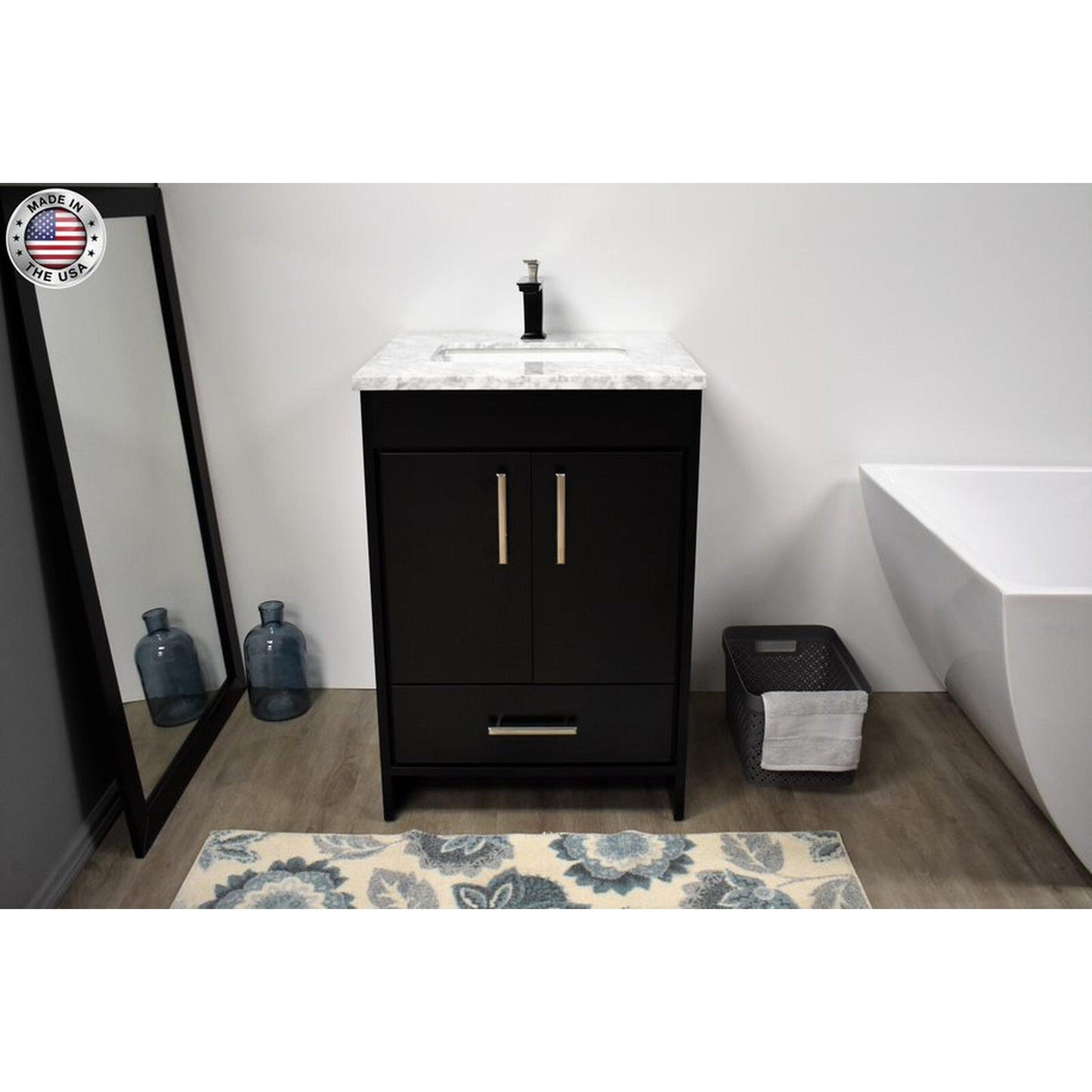 Volpa USA Capri 24" x 22" Black Freestanding Modern Bathroom Vanity With Preinstalled Undermount Sink And Carrara Marble top With Brushed Nickel Edge Handles