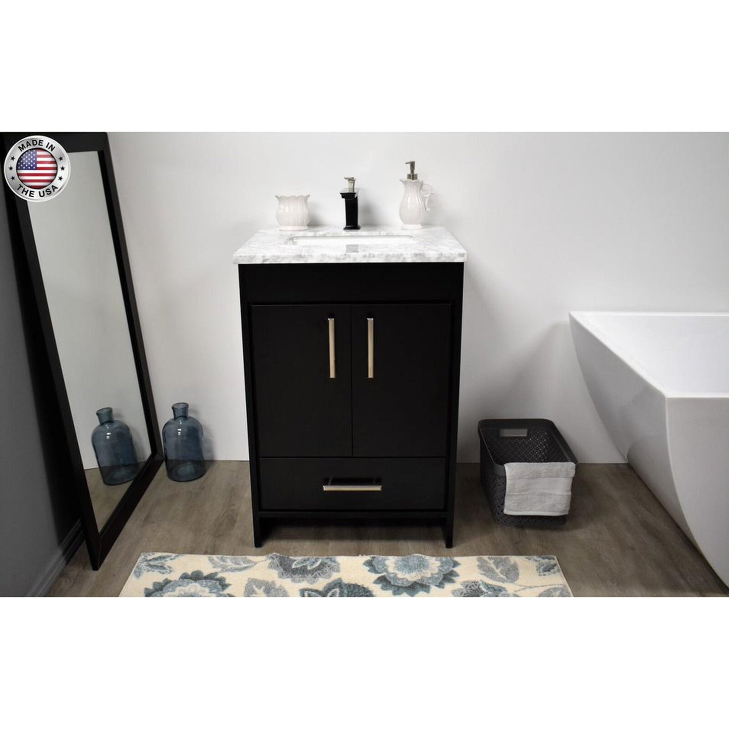 Volpa USA Capri 24" x 22" Black Freestanding Modern Bathroom Vanity With Preinstalled Undermount Sink And Carrara Marble top With Brushed Nickel Edge Handles