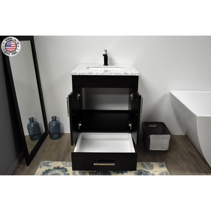 Volpa USA Capri 24" x 22" Black Freestanding Modern Bathroom Vanity With Preinstalled Undermount Sink And Carrara Marble top With Brushed Nickel Edge Handles