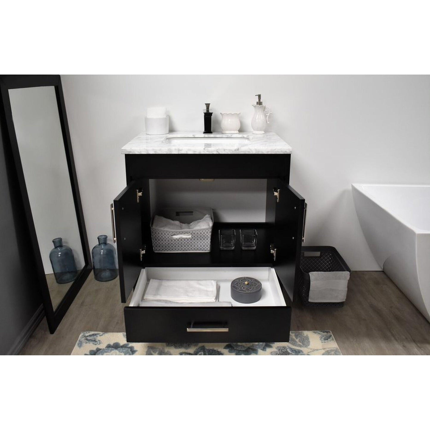 Volpa USA Capri 24" x 22" Black Freestanding Modern Bathroom Vanity With Preinstalled Undermount Sink And Carrara Marble top With Brushed Nickel Edge Handles