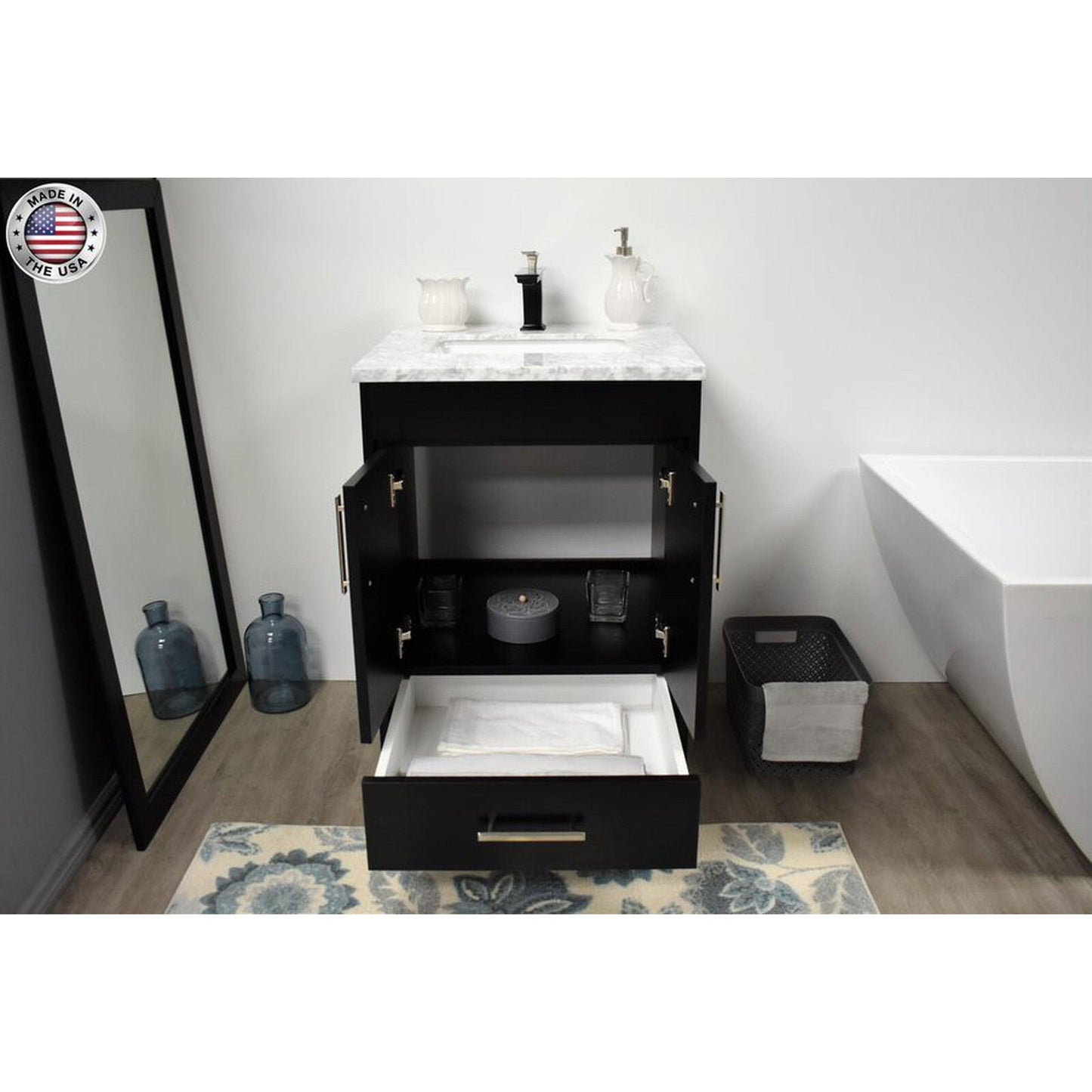 Volpa USA Capri 24" x 22" Black Freestanding Modern Bathroom Vanity With Preinstalled Undermount Sink And Carrara Marble top With Brushed Nickel Edge Handles