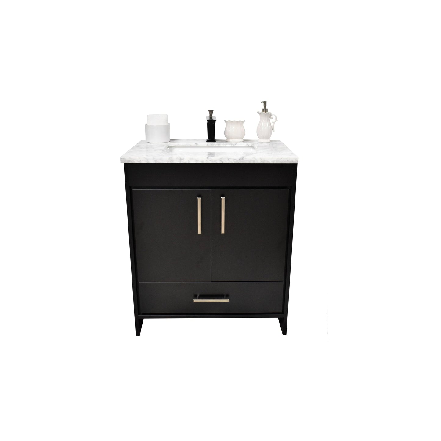 Volpa USA Capri 24" x 22" Black Freestanding Modern Bathroom Vanity With Preinstalled Undermount Sink And Carrara Marble top With Brushed Nickel Edge Handles