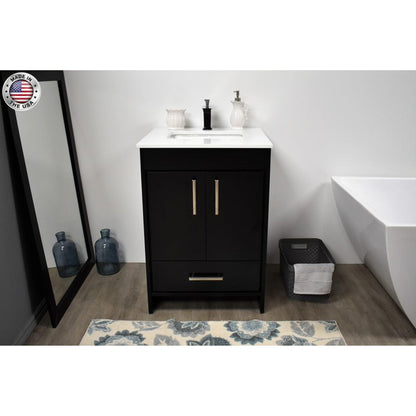 Volpa USA Capri 24" x 22" Black Freestanding Modern Bathroom Vanity With Preinstalled Undermount Sink And White Microstone Top With Brushed Nickel Edge Handles