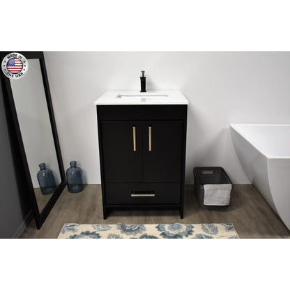 Volpa USA Capri 24" x 22" Black Freestanding Modern Bathroom Vanity With Preinstalled Undermount Sink And White Microstone Top With Brushed Nickel Edge Handles