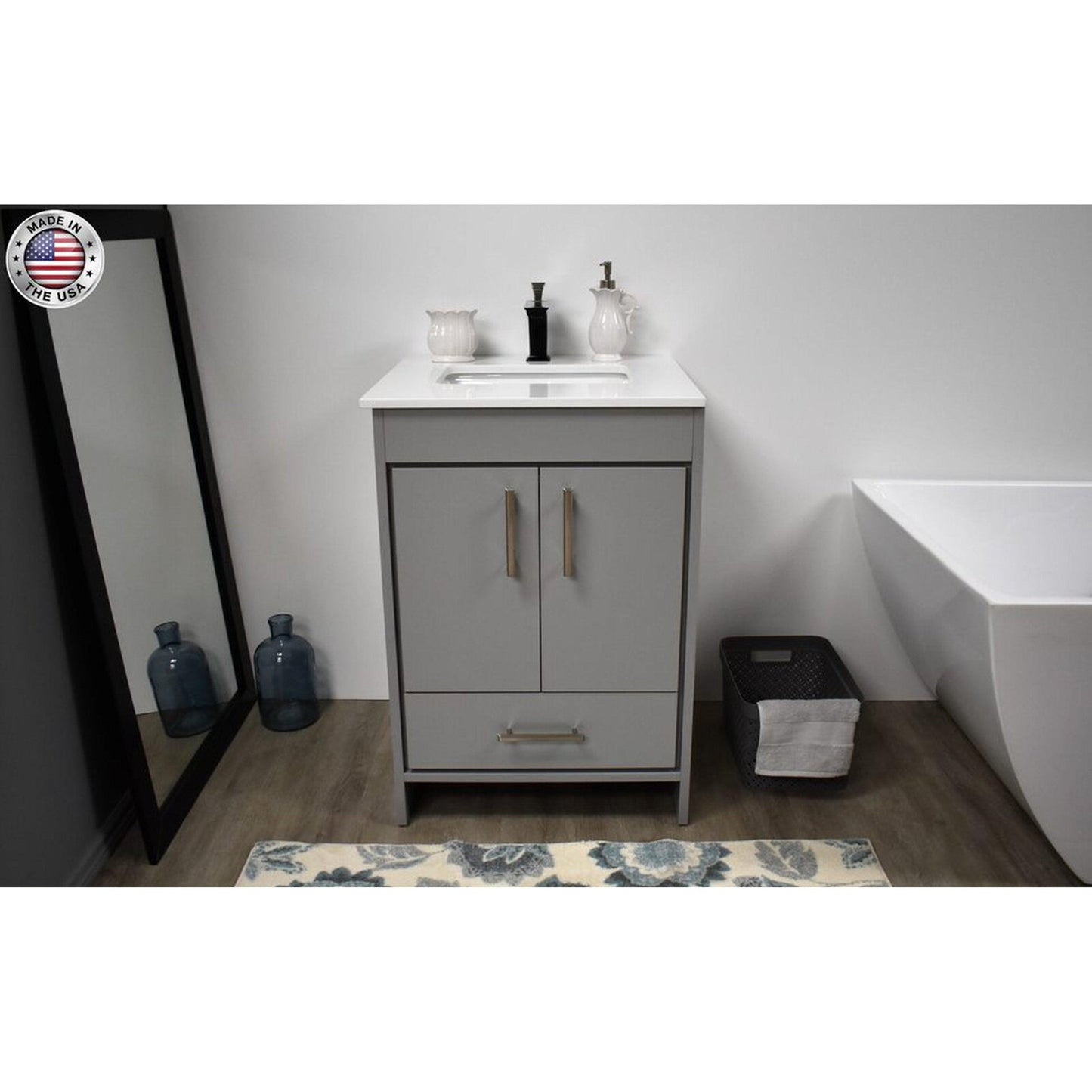 Volpa USA Capri 24" x 22" Gray Freestanding Modern Bathroom Vanity With Preinstalled Undermount Sink And White Microstone Top With Brushed Nickel Edge Handles