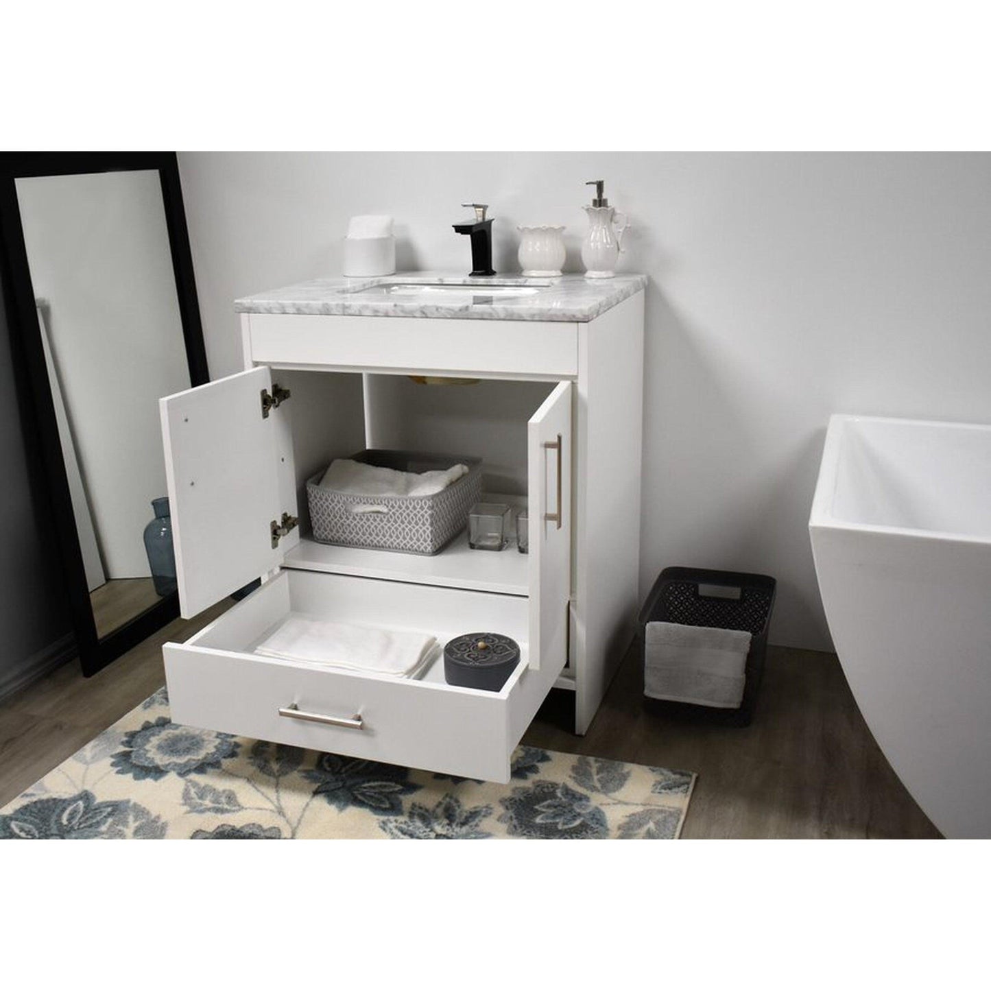 Volpa USA Capri 24" x 22" White Freestanding Modern Bathroom Vanity With Preinstalled Undermount Sink And Carrara Marble top With Brushed Nickel Edge Handles