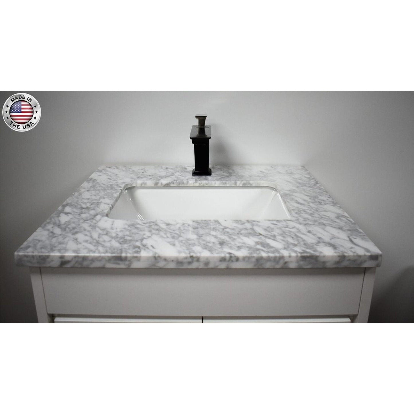 Volpa USA Capri 24" x 22" White Freestanding Modern Bathroom Vanity With Preinstalled Undermount Sink And Carrara Marble top With Brushed Nickel Edge Handles