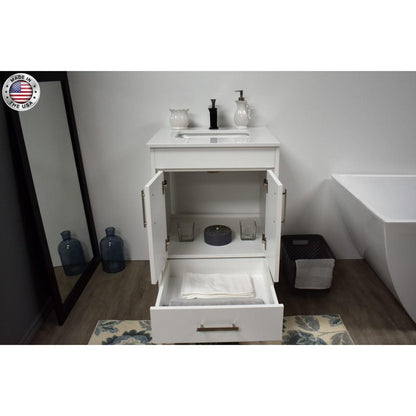 Volpa USA Capri 24" x 22" White Freestanding Modern Bathroom Vanity With Preinstalled Undermount Sink And White Microstone Top With Brushed Nickel Edge Handles