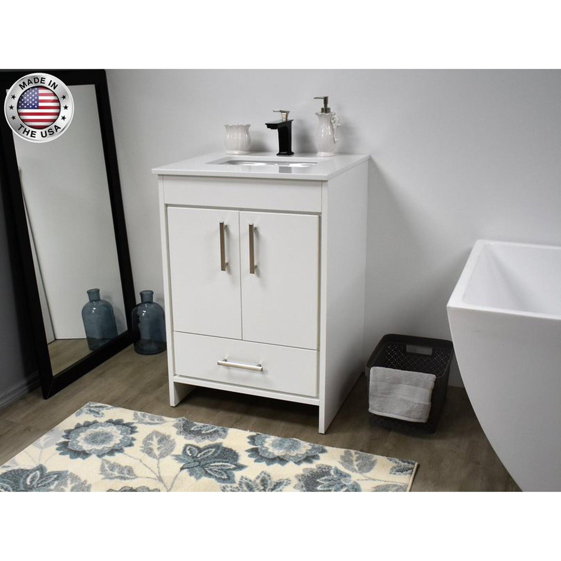 Volpa USA Capri 24" x 22" White Freestanding Modern Bathroom Vanity With Preinstalled Undermount Sink And White Microstone Top With Brushed Nickel Edge Handles