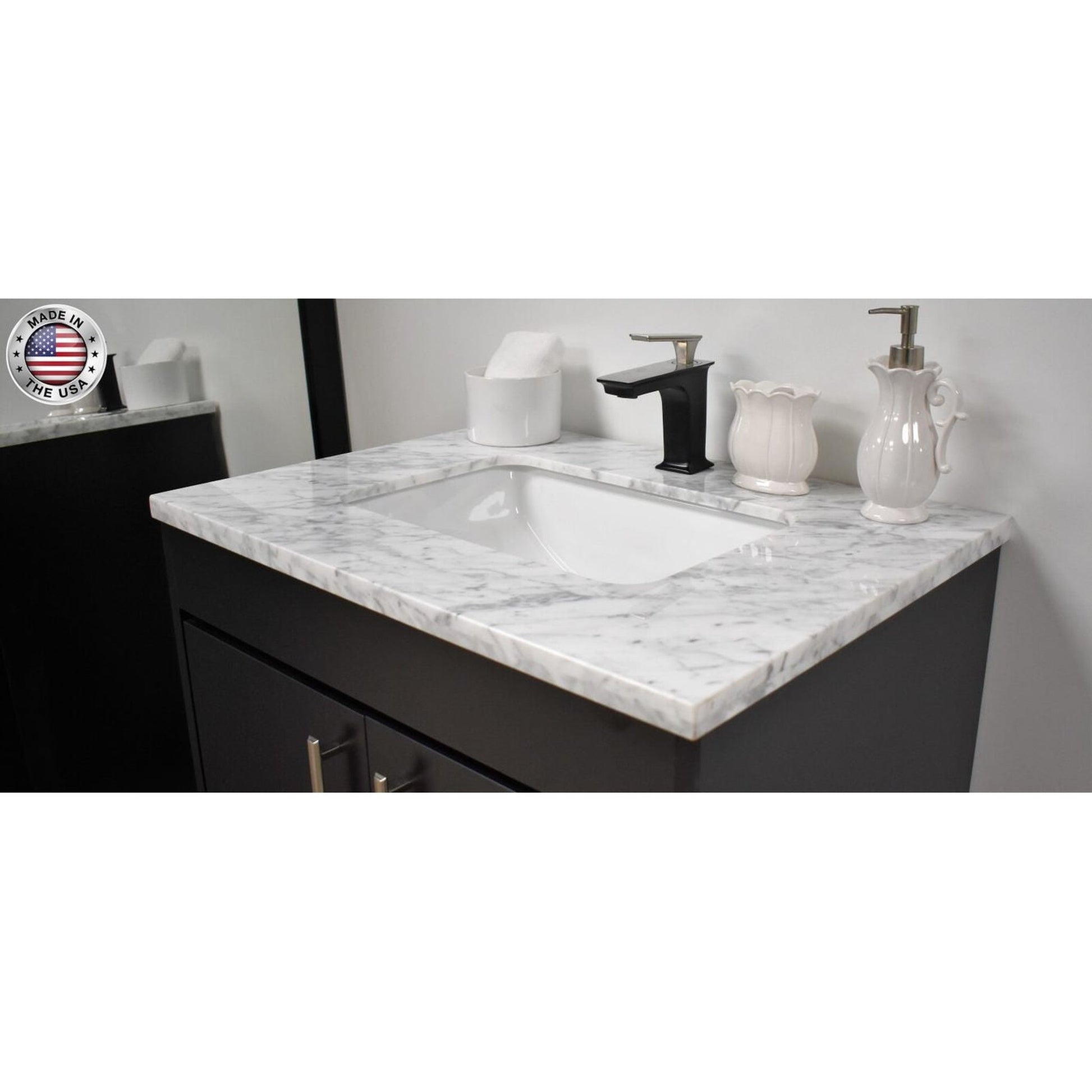 Volpa USA Capri 30" x 22" Black Freestanding Modern Bathroom Vanity With Preinstalled Undermount Sink And Carrara Marble top With Brushed Nickel Edge Handles