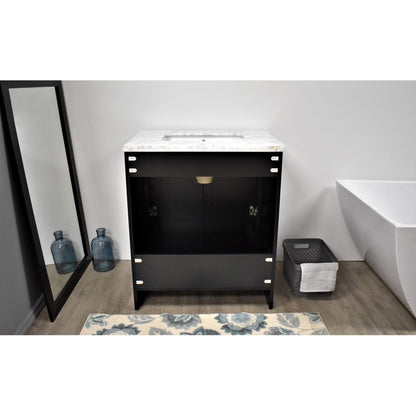 Volpa USA Capri 30" x 22" Black Freestanding Modern Bathroom Vanity With Preinstalled Undermount Sink And Carrara Marble top With Brushed Nickel Edge Handles
