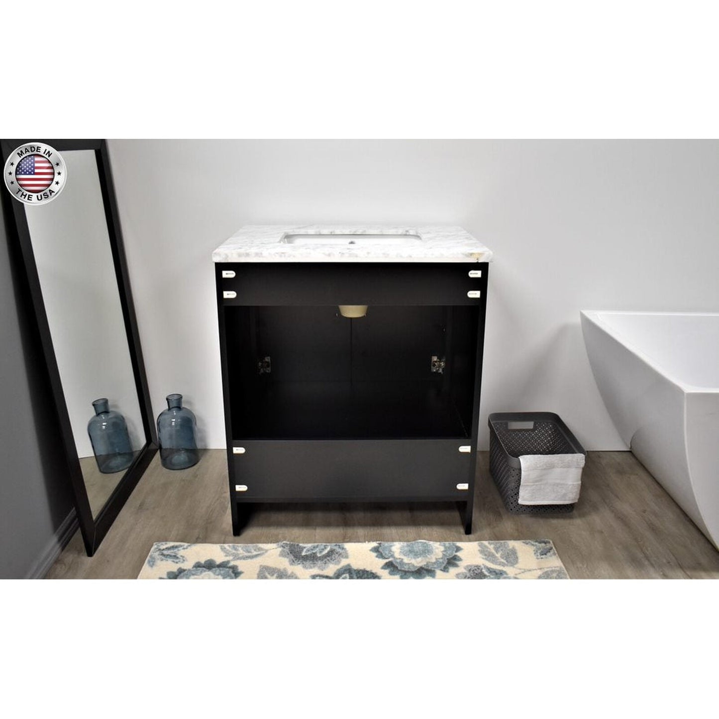 Volpa USA Capri 30" x 22" Black Freestanding Modern Bathroom Vanity With Preinstalled Undermount Sink And Carrara Marble top With Brushed Nickel Edge Handles