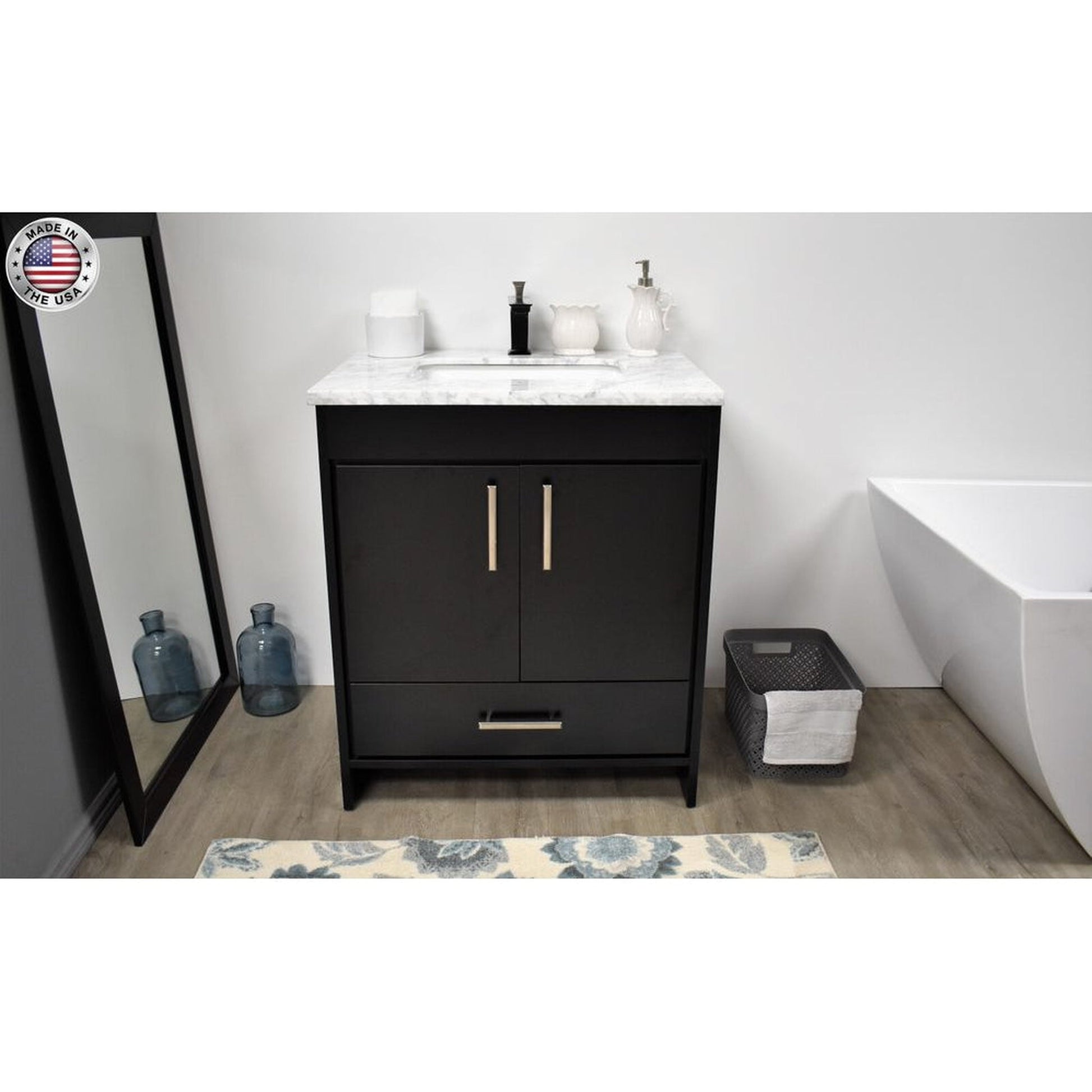 Volpa USA Capri 30" x 22" Black Freestanding Modern Bathroom Vanity With Preinstalled Undermount Sink And Carrara Marble top With Brushed Nickel Edge Handles