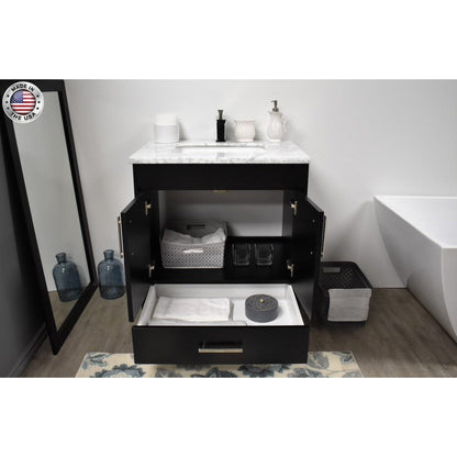 Volpa USA Capri 30" x 22" Black Freestanding Modern Bathroom Vanity With Preinstalled Undermount Sink And Carrara Marble top With Brushed Nickel Edge Handles