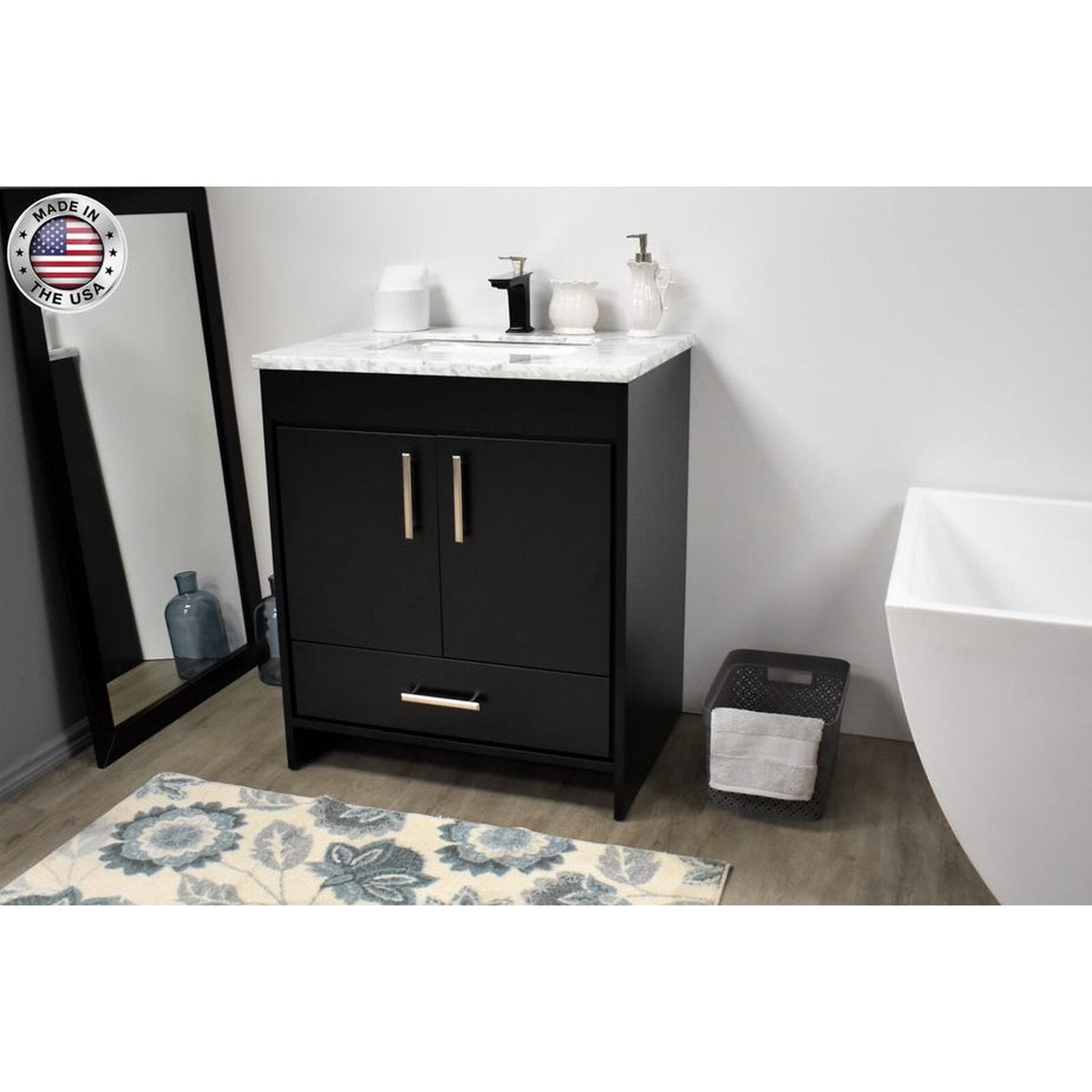 Volpa USA Capri 30" x 22" Black Freestanding Modern Bathroom Vanity With Preinstalled Undermount Sink And Carrara Marble top With Brushed Nickel Edge Handles