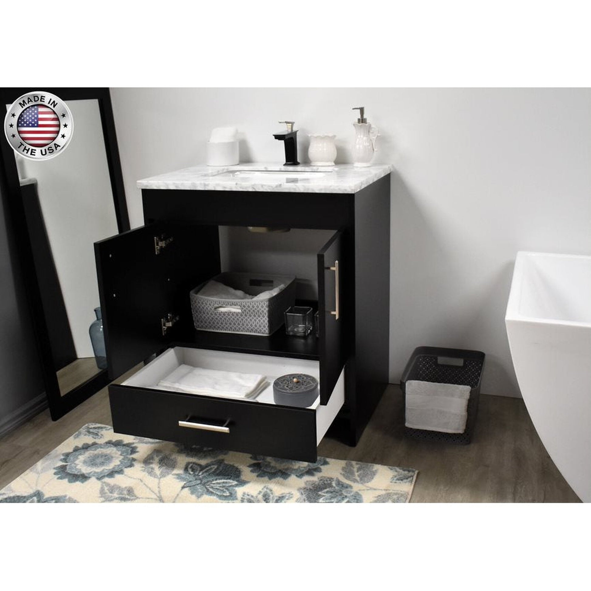 Volpa USA Capri 30" x 22" Black Freestanding Modern Bathroom Vanity With Preinstalled Undermount Sink And Carrara Marble top With Brushed Nickel Edge Handles