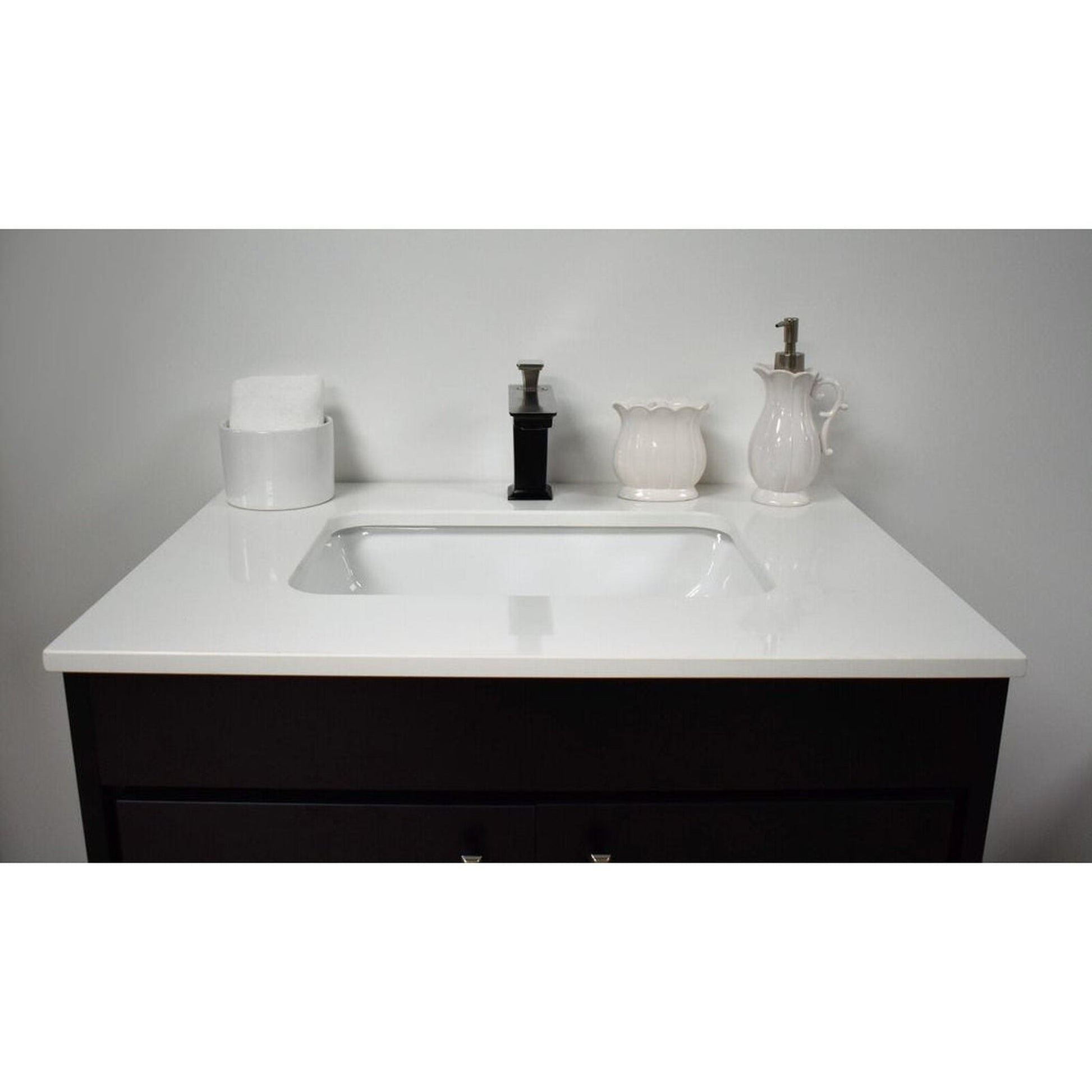 Volpa USA Capri 30" x 22" Black Freestanding Modern Bathroom Vanity With Preinstalled Undermount Sink And White Microstone Top With Brushed Nickel Edge Handles