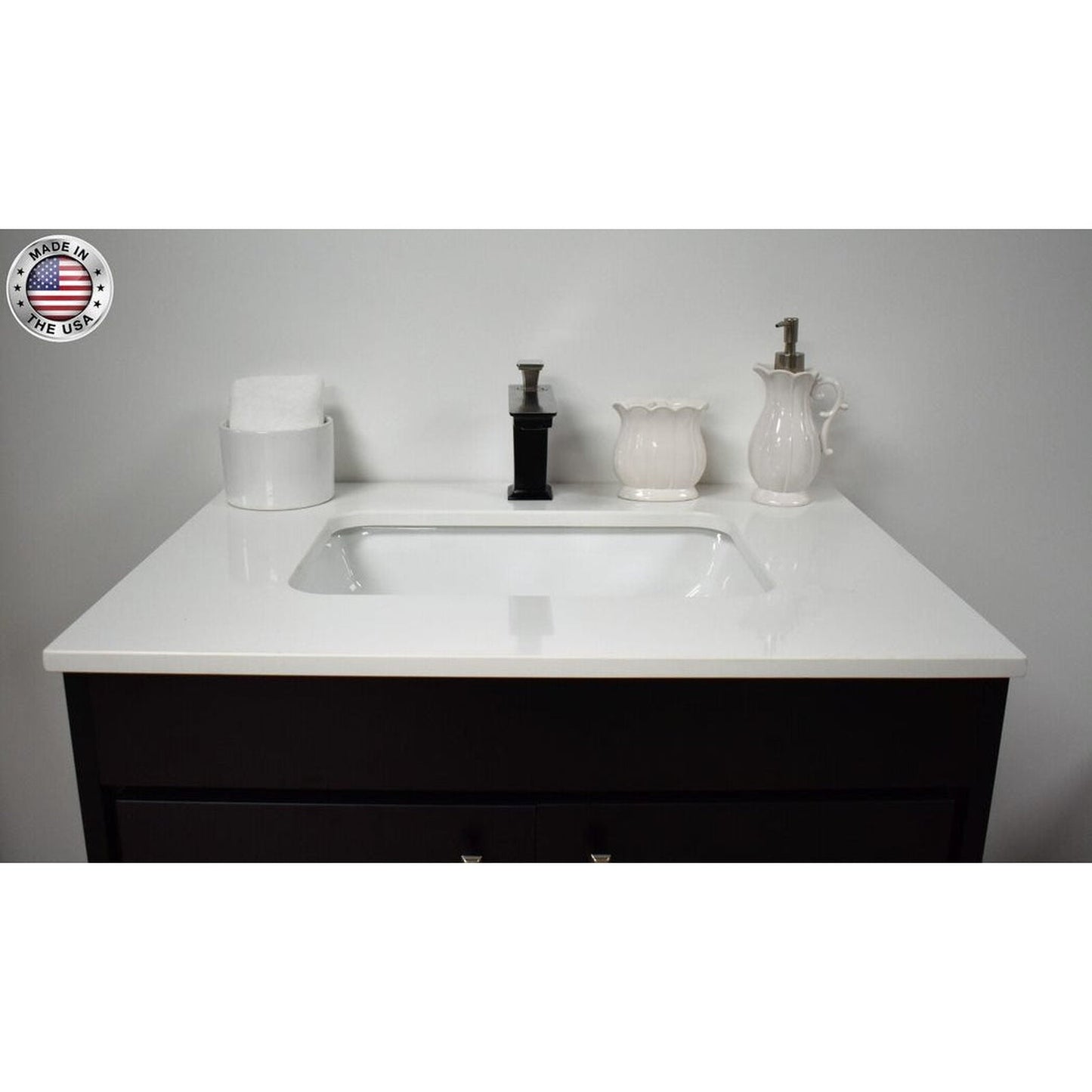 Volpa USA Capri 30" x 22" Black Freestanding Modern Bathroom Vanity With Preinstalled Undermount Sink And White Microstone Top With Brushed Nickel Edge Handles