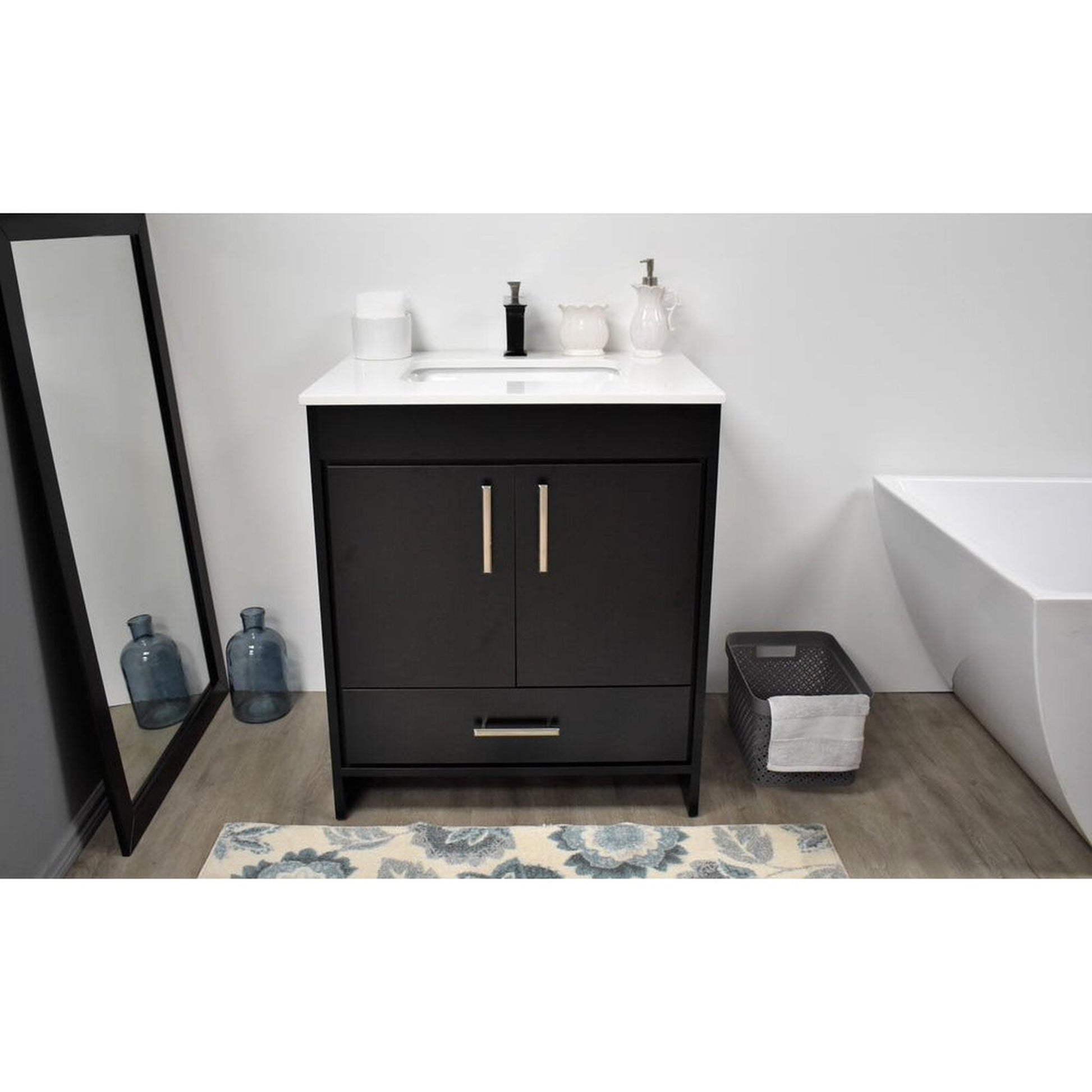 Volpa USA Capri 30" x 22" Black Freestanding Modern Bathroom Vanity With Preinstalled Undermount Sink And White Microstone Top With Brushed Nickel Edge Handles