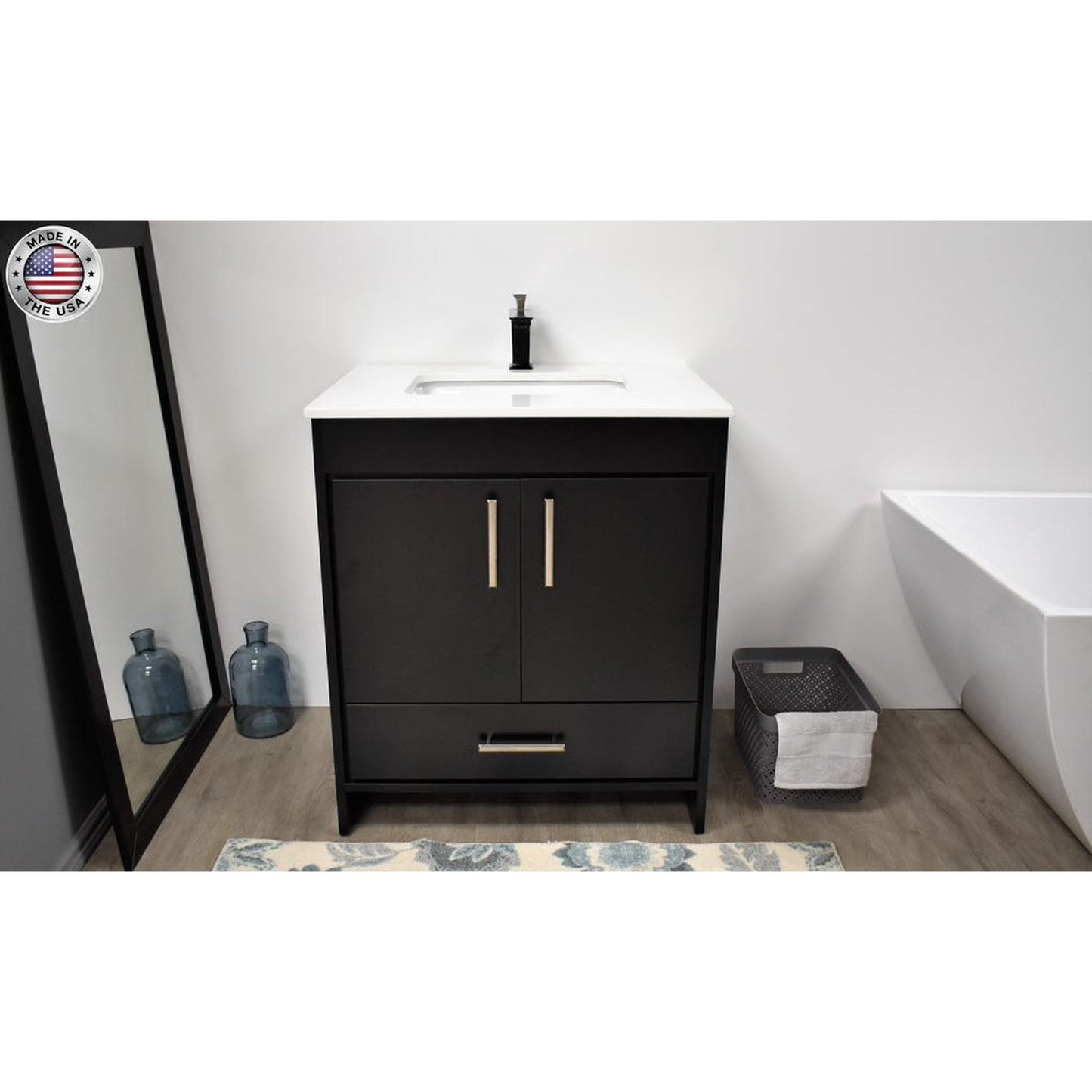 Volpa USA Capri 30" x 22" Black Freestanding Modern Bathroom Vanity With Preinstalled Undermount Sink And White Microstone Top With Brushed Nickel Edge Handles