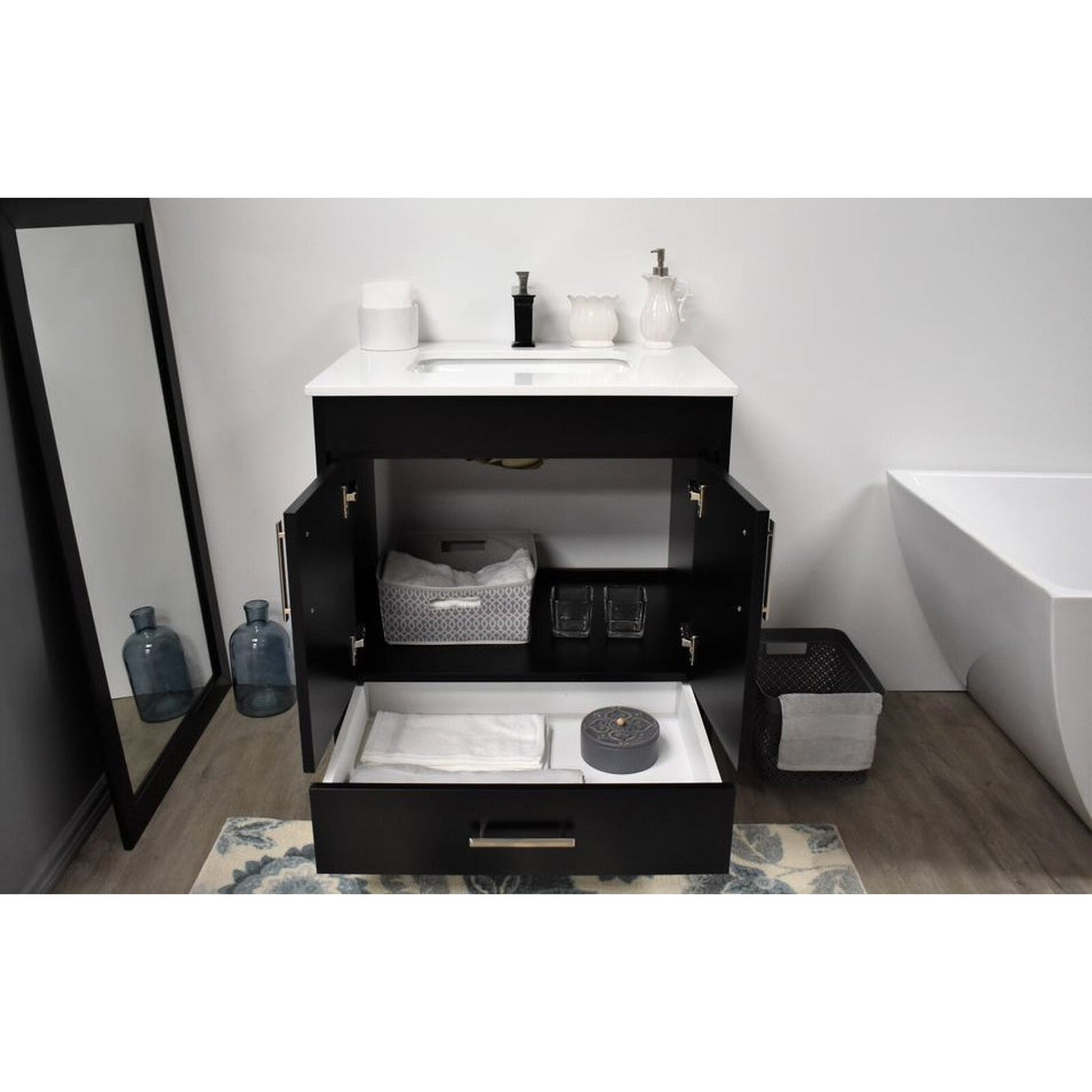 Volpa USA Capri 30" x 22" Black Freestanding Modern Bathroom Vanity With Preinstalled Undermount Sink And White Microstone Top With Brushed Nickel Edge Handles