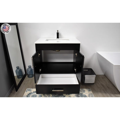 Volpa USA Capri 30" x 22" Black Freestanding Modern Bathroom Vanity With Preinstalled Undermount Sink And White Microstone Top With Brushed Nickel Edge Handles