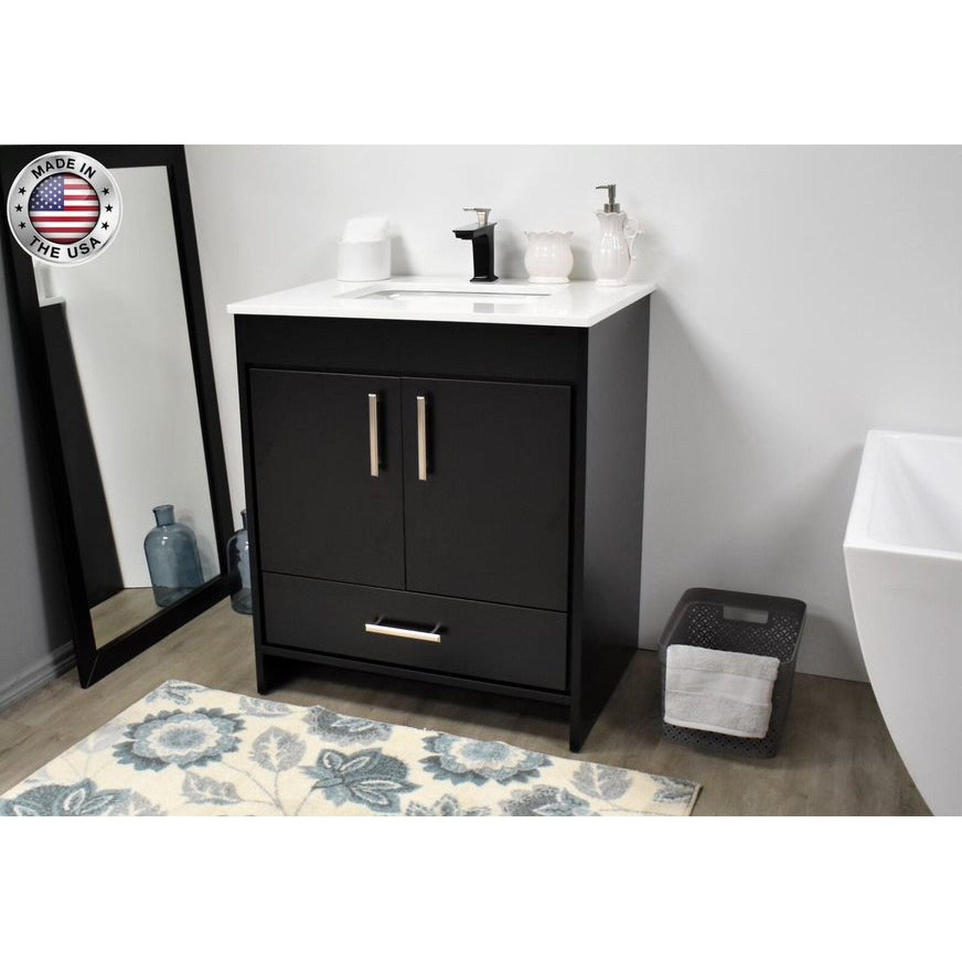 Volpa USA Capri 30" x 22" Black Freestanding Modern Bathroom Vanity With Preinstalled Undermount Sink And White Microstone Top With Brushed Nickel Edge Handles